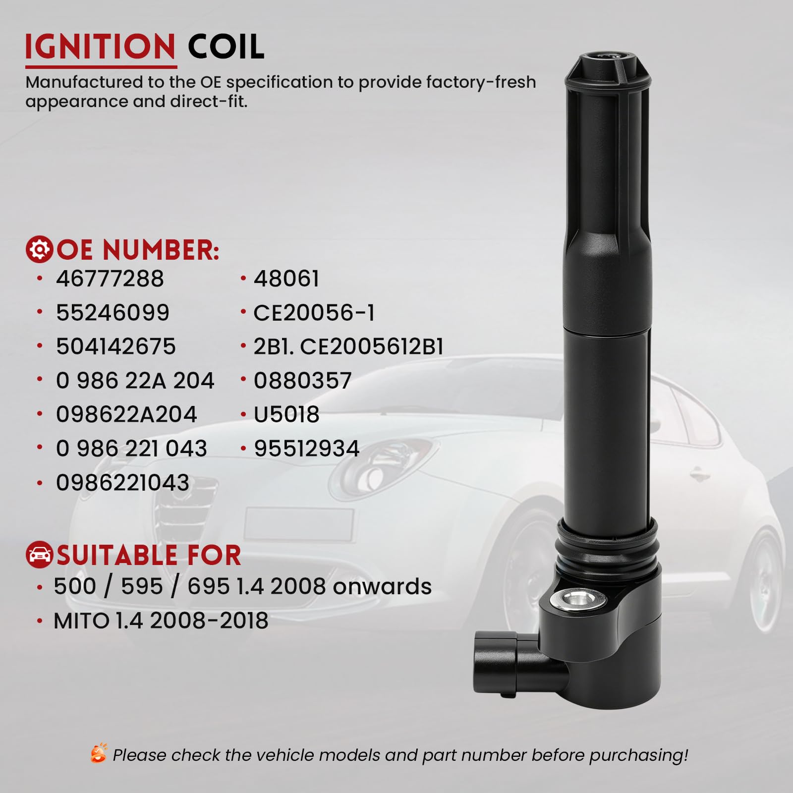 4x Bobine di Accensione 46777288 per Fiat 500 500C 500L Bravo 198 Ducato 250 Grande Punto 199 Panda 169 Punto 188 Doblo Stilo Tipo Idea Mito Musa Ypsilon 843 1.4 COMBO 0.9 1.2 1.4 Modulo Accen