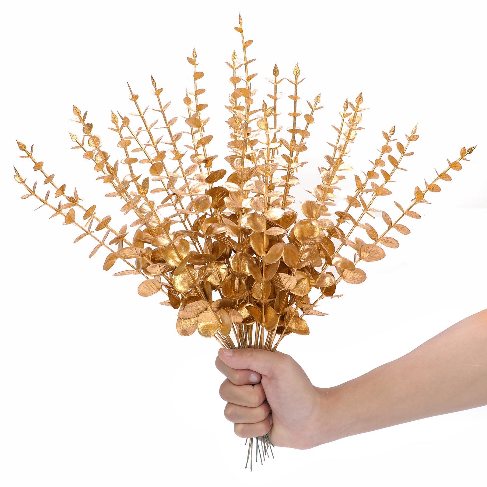 HOOTO 20pcs Artificial Eucalyptus Stems Faux Eucalyptus Branches Decor Fake Eucalyptus Leaves Plant for Wedding Centerpiece Flowers Bouquet Farmhouse Home Decoration Gold