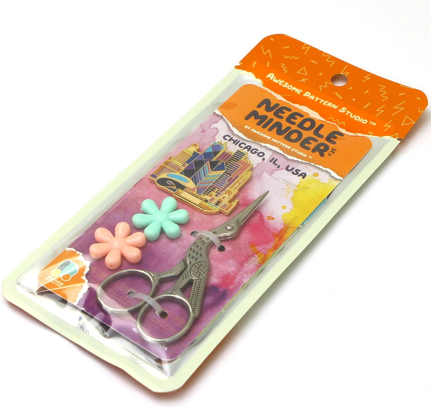 Awesome Pattern Studio Chicago Magnetic Needle Minder Set Includes Needle Minder, 2 Threaders, Crane Scissors. Enamel Pin for Cross Stitch, Embroidery and Craft