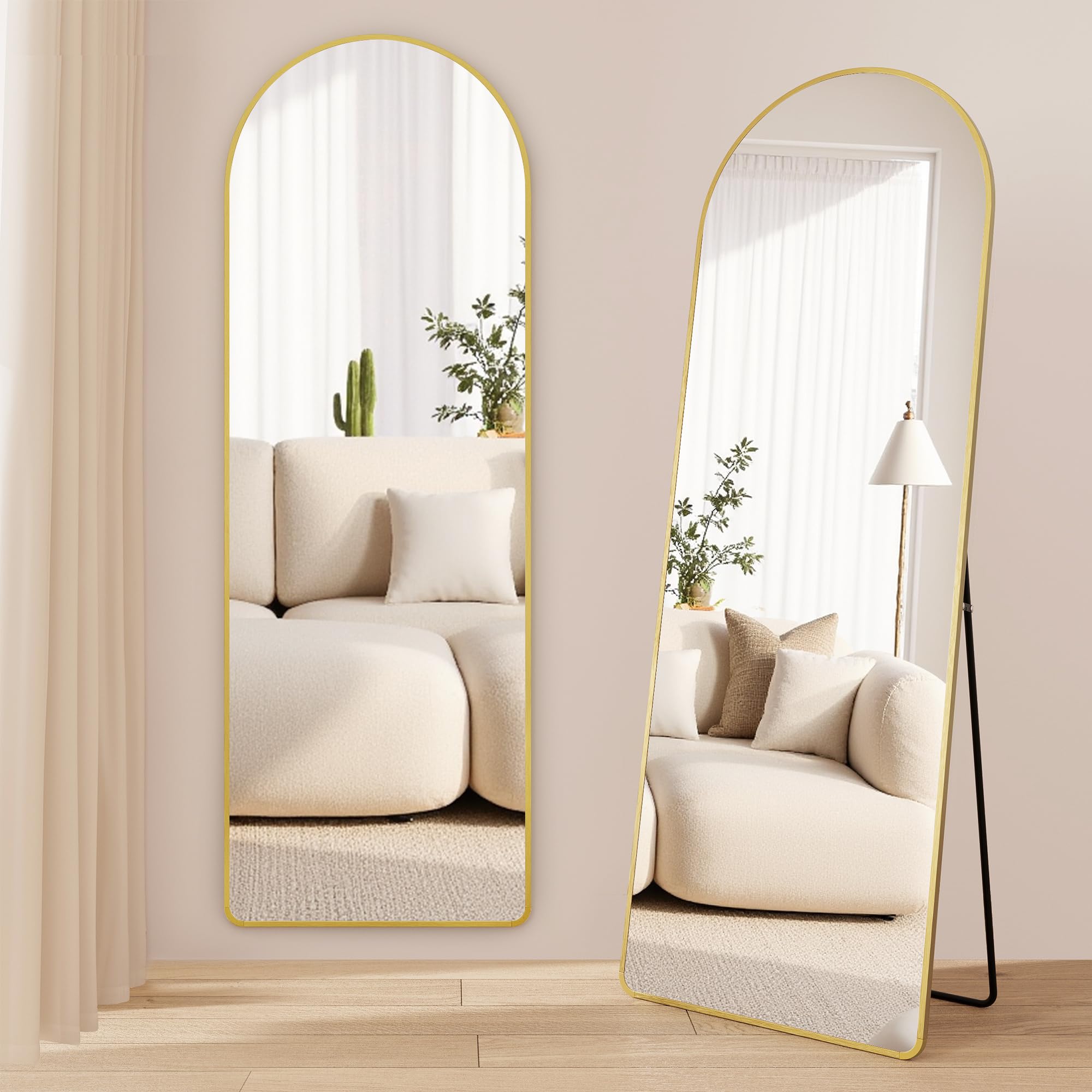 SONGMICS Full Length Mirror, Arched Full Body Floor Mirror with Stand, Aluminium Alloy Frame, Tempered Glass, for Bedroom, Living Room, Cloakroom, Rounded Corner, 160 x 50 cm, Pale Gold LFM051AB01