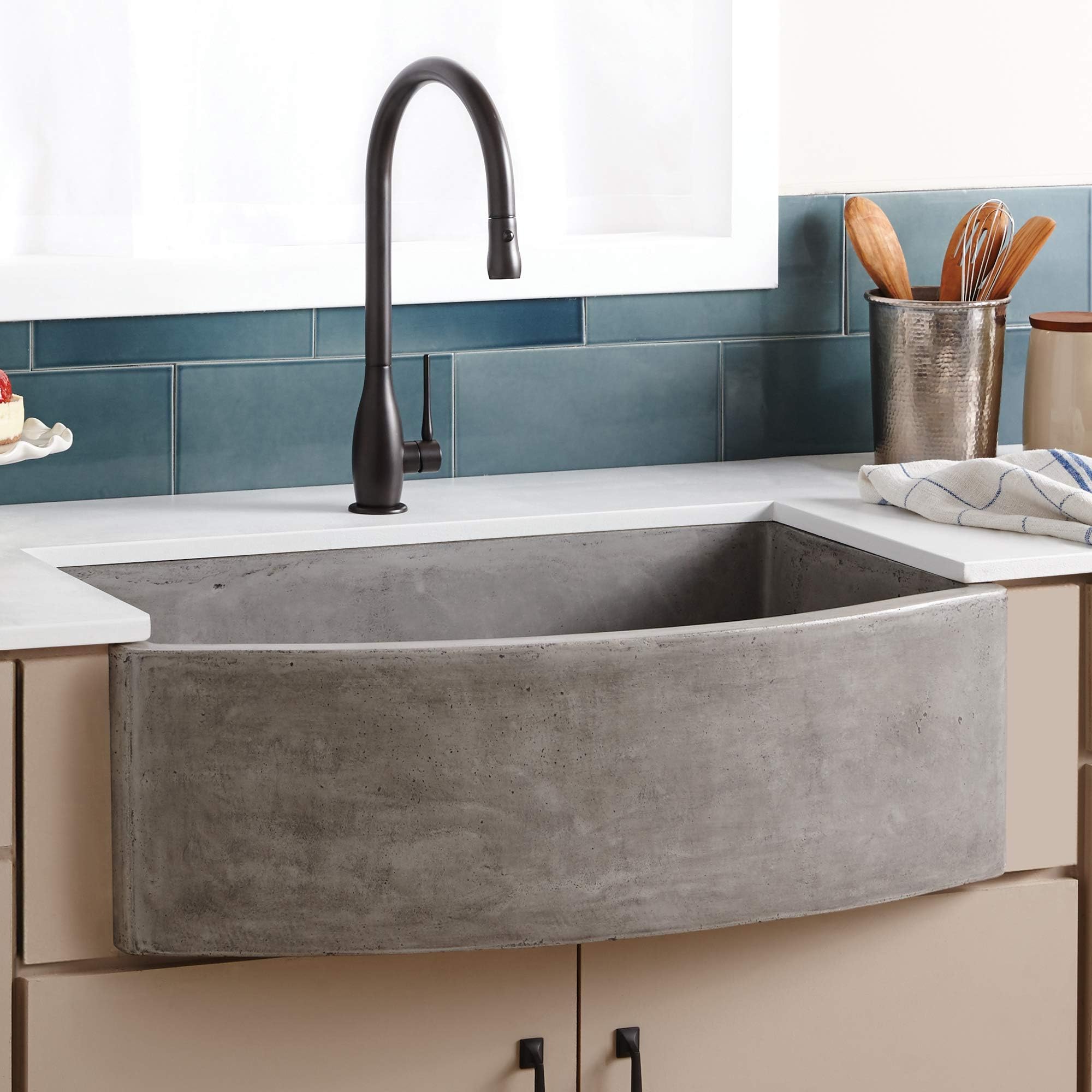 Native Trails NSKQ3320-A Farmhouse Quartet Apron-Front/Under Mount Native Stone Kitchen Sink, 33" x 20.5", Ash