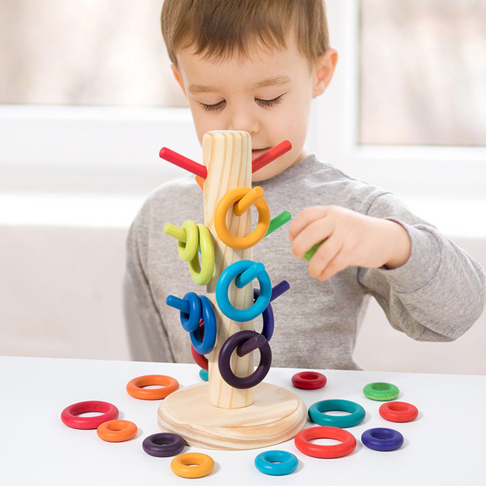Ringwurfspielset aus Holz für Vorschulalter, praktische Lernfähigkeiten fördert Aktivitätsringe aus Holz für die Entwicklung der Feinmotorik von Kindern