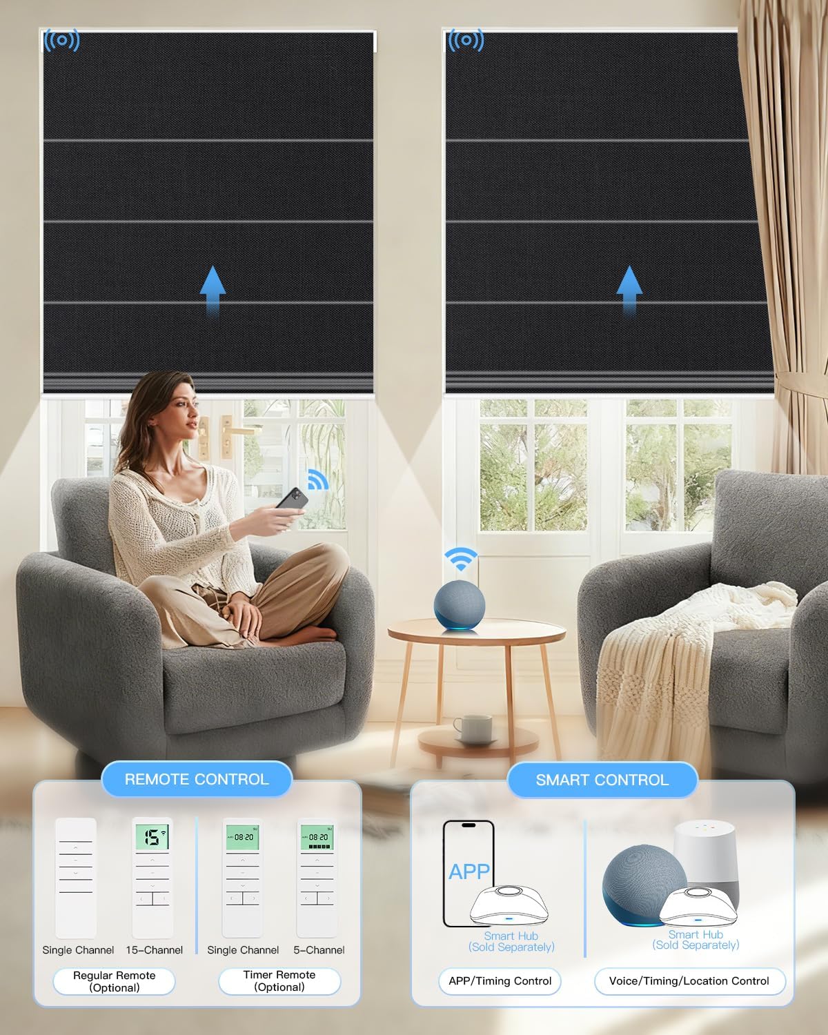 Motorized Roman Shades for Windows, Custom Blackout Roman Blinds with Remote, Smart Room Darkening Window Shades for Bedroom Bathroom Office, Alexa & Google Home Compatible, App Control via RF Hub