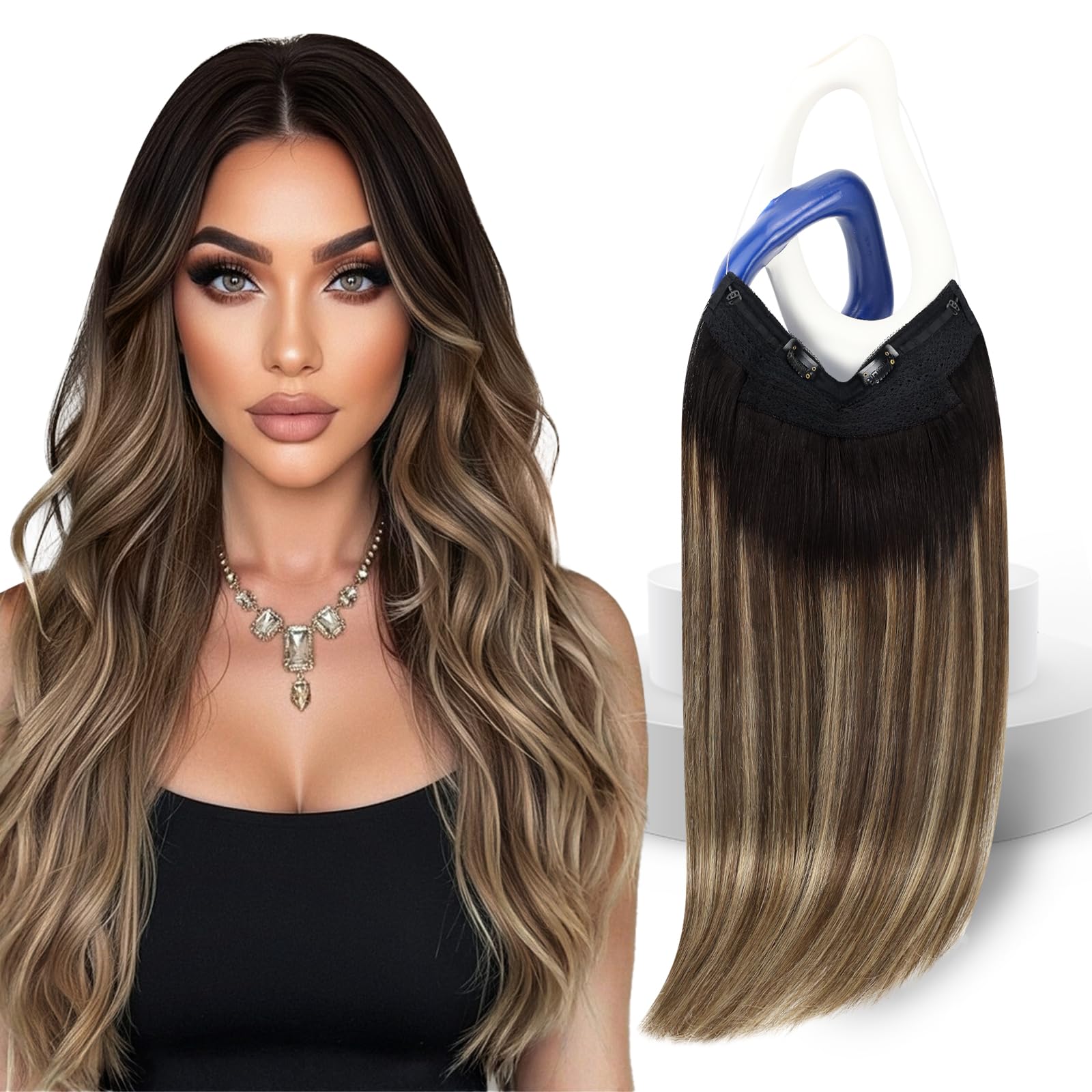 Sunny Hair Wire Hair Extensions for Women 16inch Straight Fish Line Human Hair Extensions Invisible Wire Extensions Easy to Apply Cool Brown Ombre Light Brown Balayage Blonde 85g — view 10