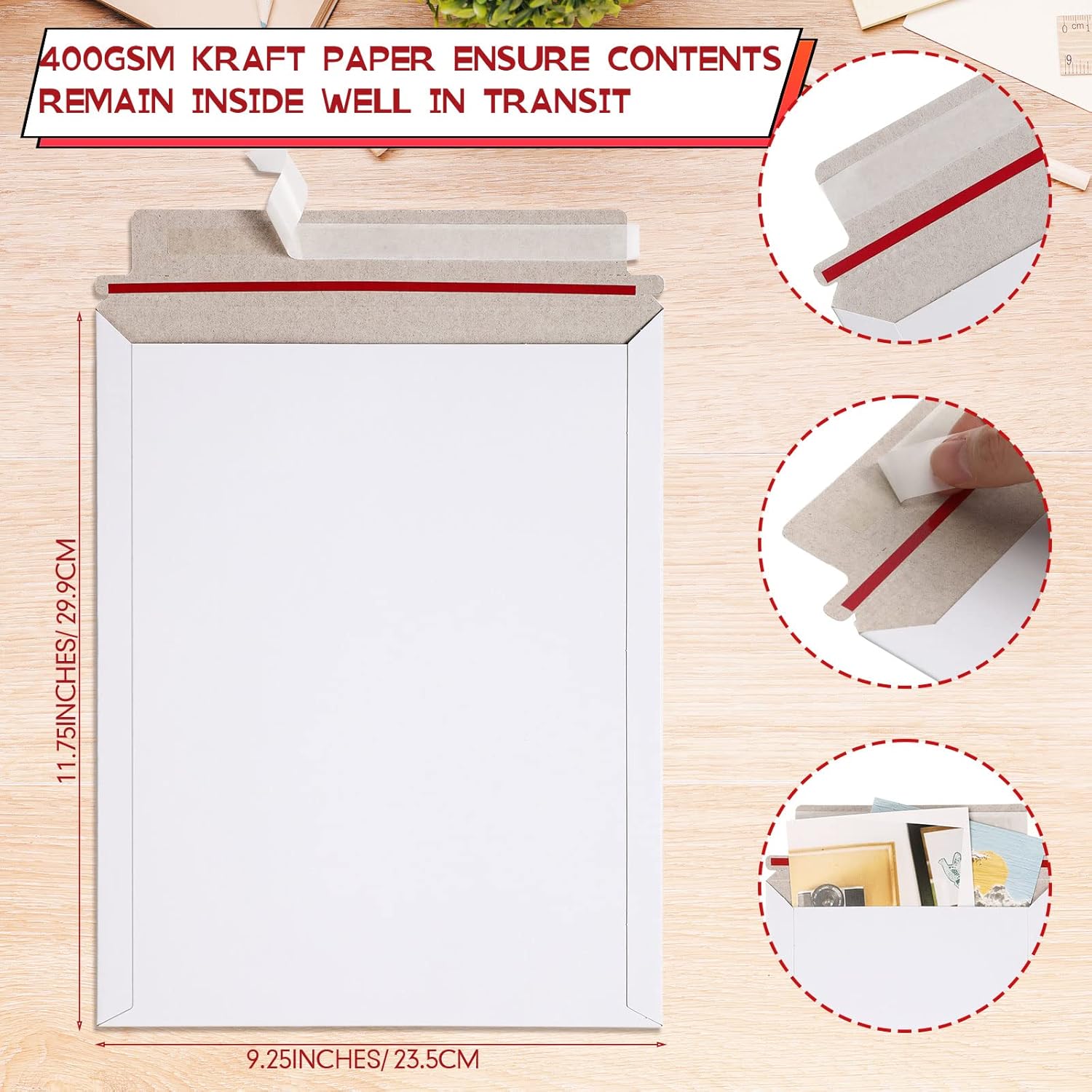 Fainne 150 Pack Rigid Mailers 9.25 x 11.8 Inches Resealable Photo Document Mailers Cardboard White Stay Flat Envelopes for Shipping Photos Pictures Papers Files Cd Magazines Comic Books - Image 3