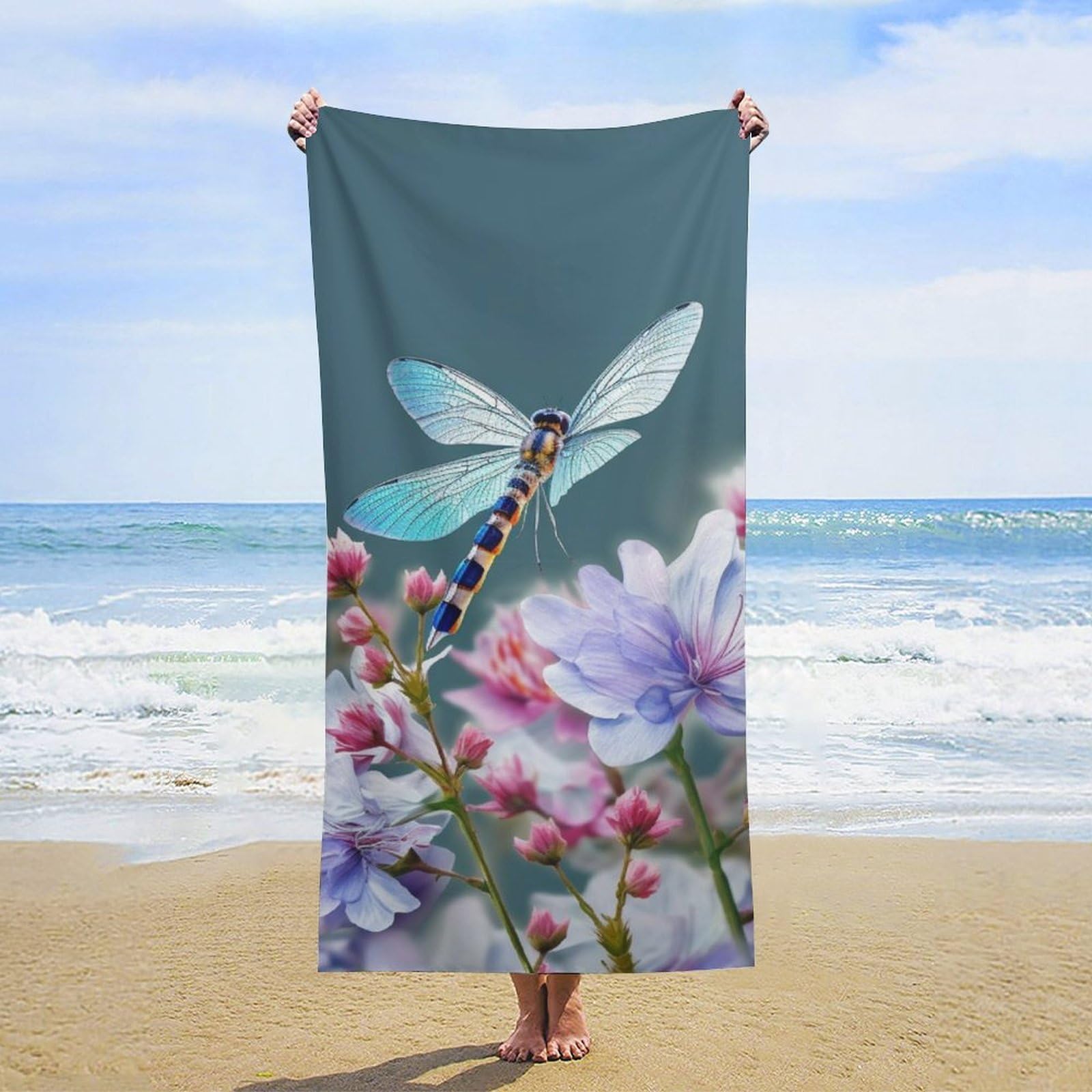 NTVOWPZO Dragonfly and Flowers Beach Towel Oversized Microfiber Bath Towels Lightweight Sand Proof Beach Towels Absorbent Pool Towels for Swimming Yoga Bathroom Towel 31.5" X 63"