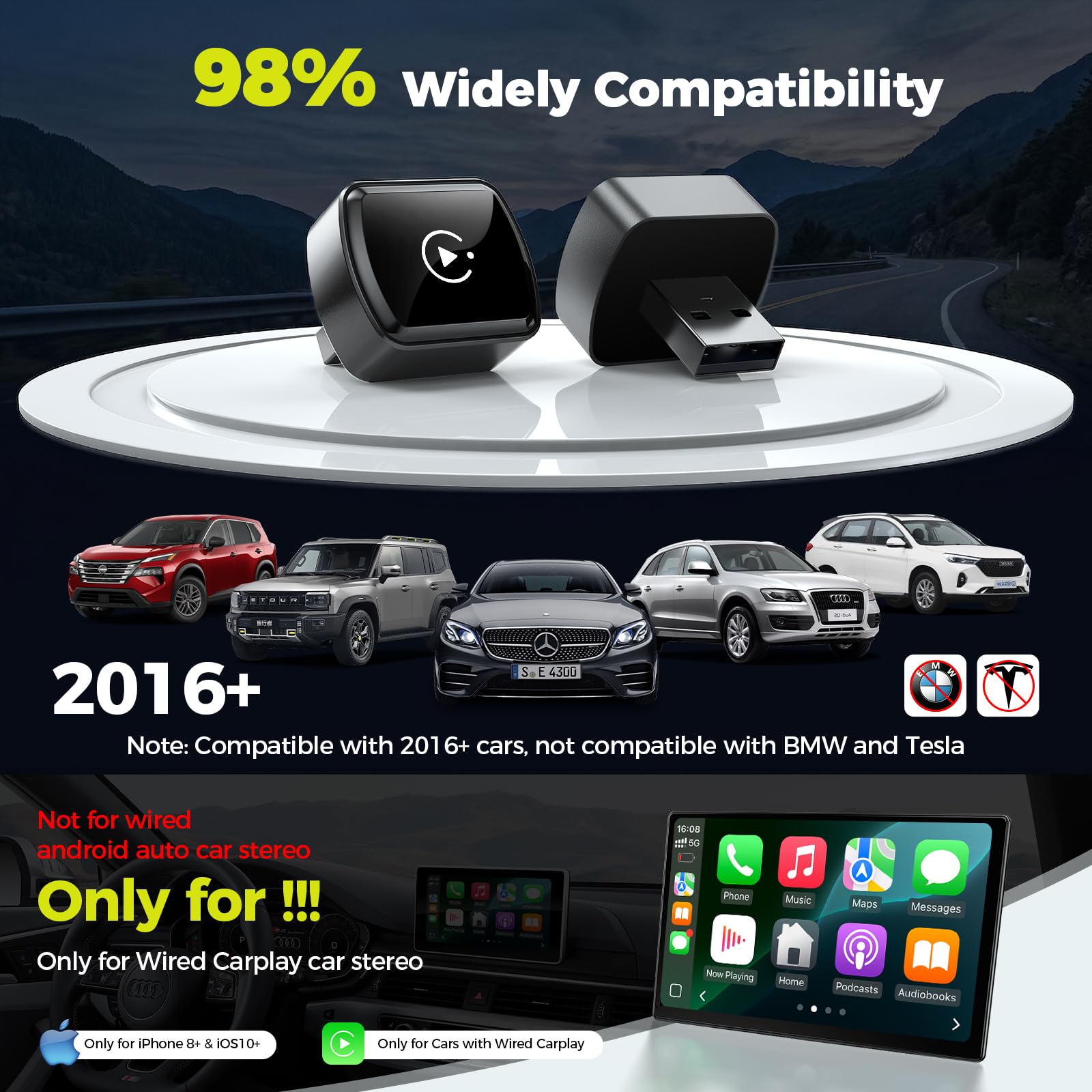 LAMTTO Adattatore CarPlay Wireless per iPhones e Android Auto,AirPlay/Miracast,Converte Car Play/Android Auto Cablato in Wireless,Plug & Play,Compatibile Solo con Auto 2016+ Dotate di CarPlay Cablato