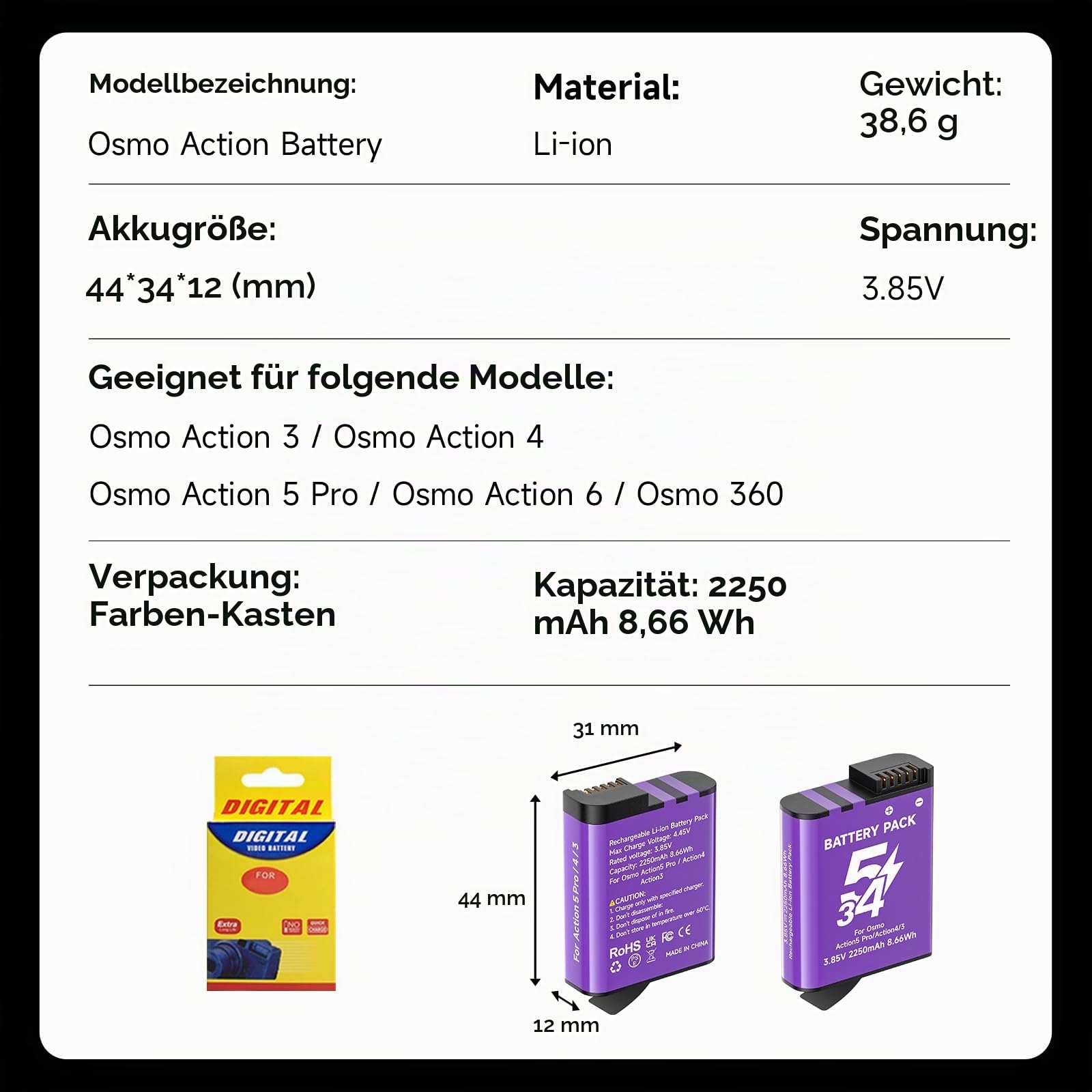 CITYORK 2250mAh (3-Pack) Ersatz Akku für .DJI-Osmo. Action 6 Pro/Osmo 360 /Osmo Action 5/ Osmo Action 4/ Action 3 Ersatzakku, Wiederaufladbare Langlebiger Sportkamera Zubehör, Lange Lebensdauer
