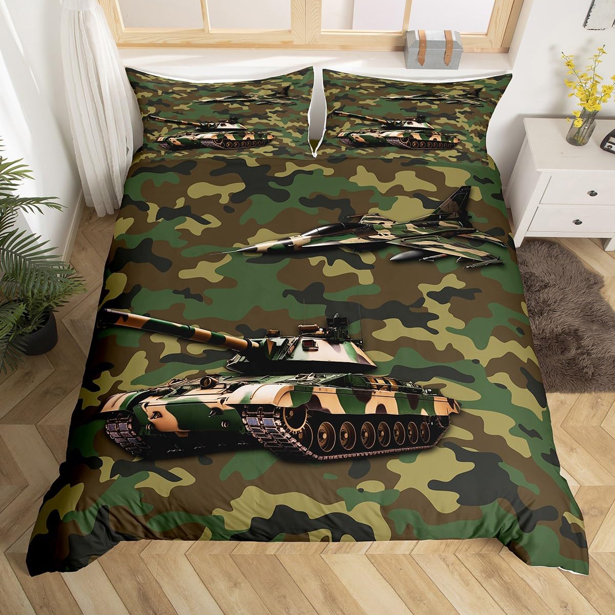 Aircraft Duvet Cover Set Double Size, Army Camo Tank Airplane Comforter Cover with 2 Pillowcases