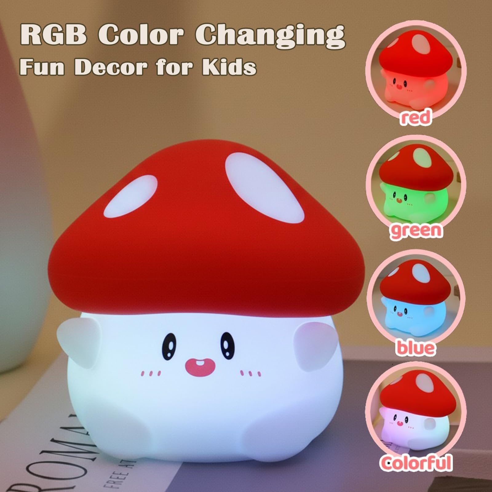 POSSHE Mushroom Night Light with Squishy Soft Silicone, RGB Flashing Color - Image 2