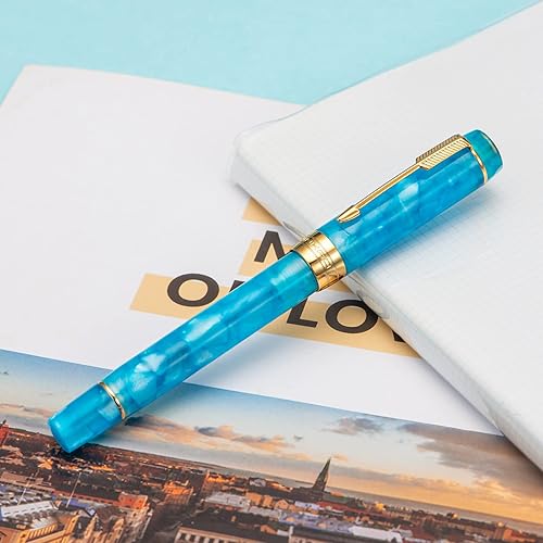 Miniatura 6 de Jinhao 100 Mini pluma estilográfica de resina azul, punta extra fina iridio con borde dorado, bolígrafo de escritura suave