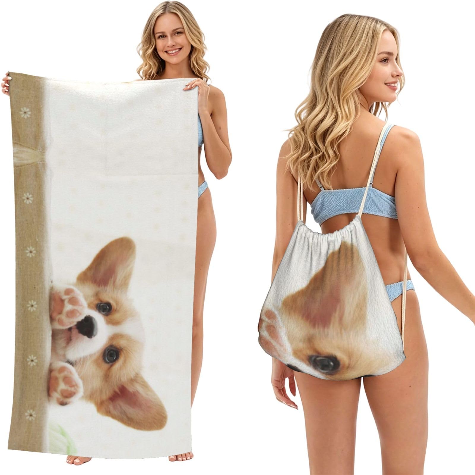WSHFFILO Cute Corgi printed 2 in 1 Packable Towel Bag Bath Towel Beach Towel