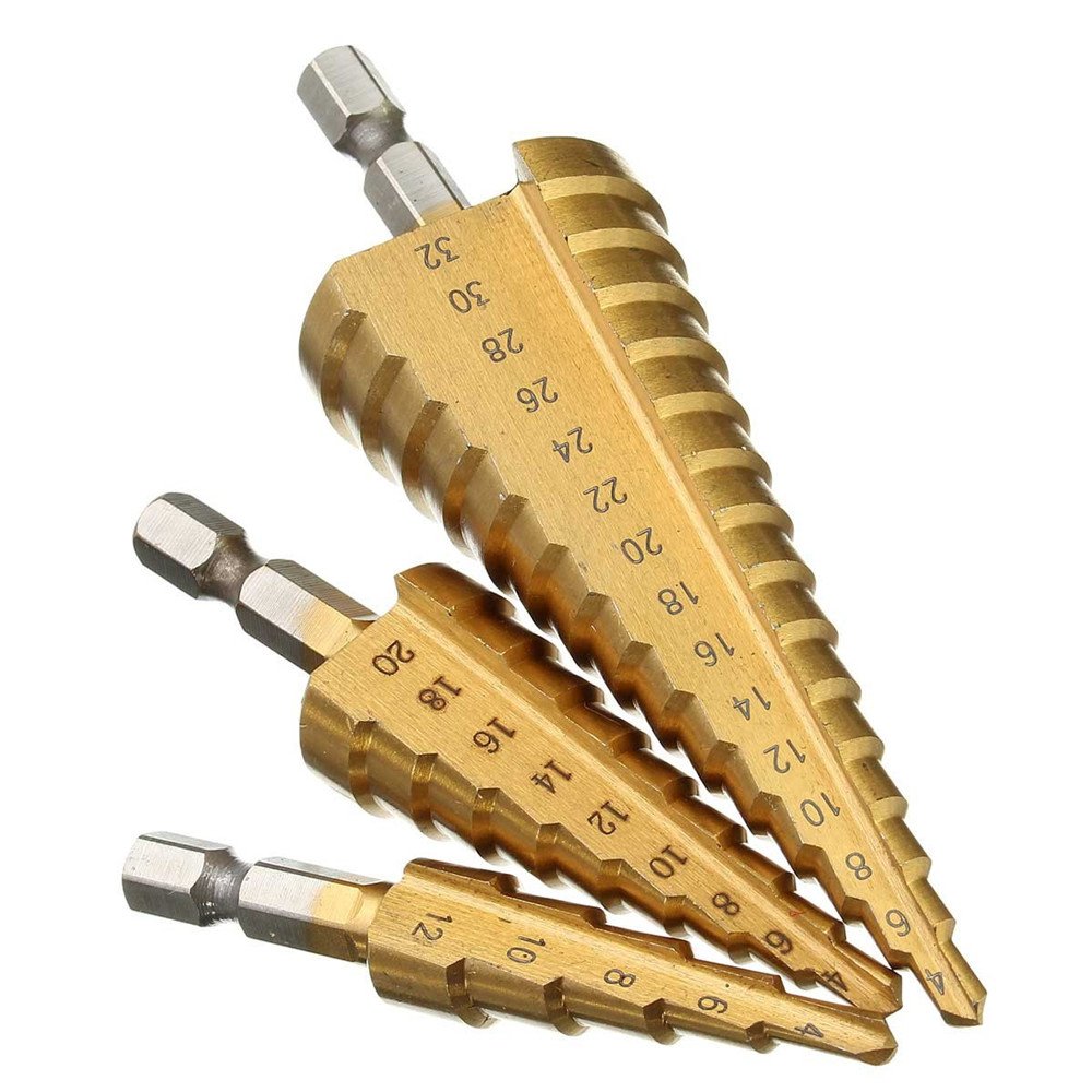 CEFEPH 3-Piece HSS Drill Bit Set Hex Shank Cutting Cone Drill Bit for Stainless Steel Metal Wood Plastic 4-12/4-20/4-32 mm