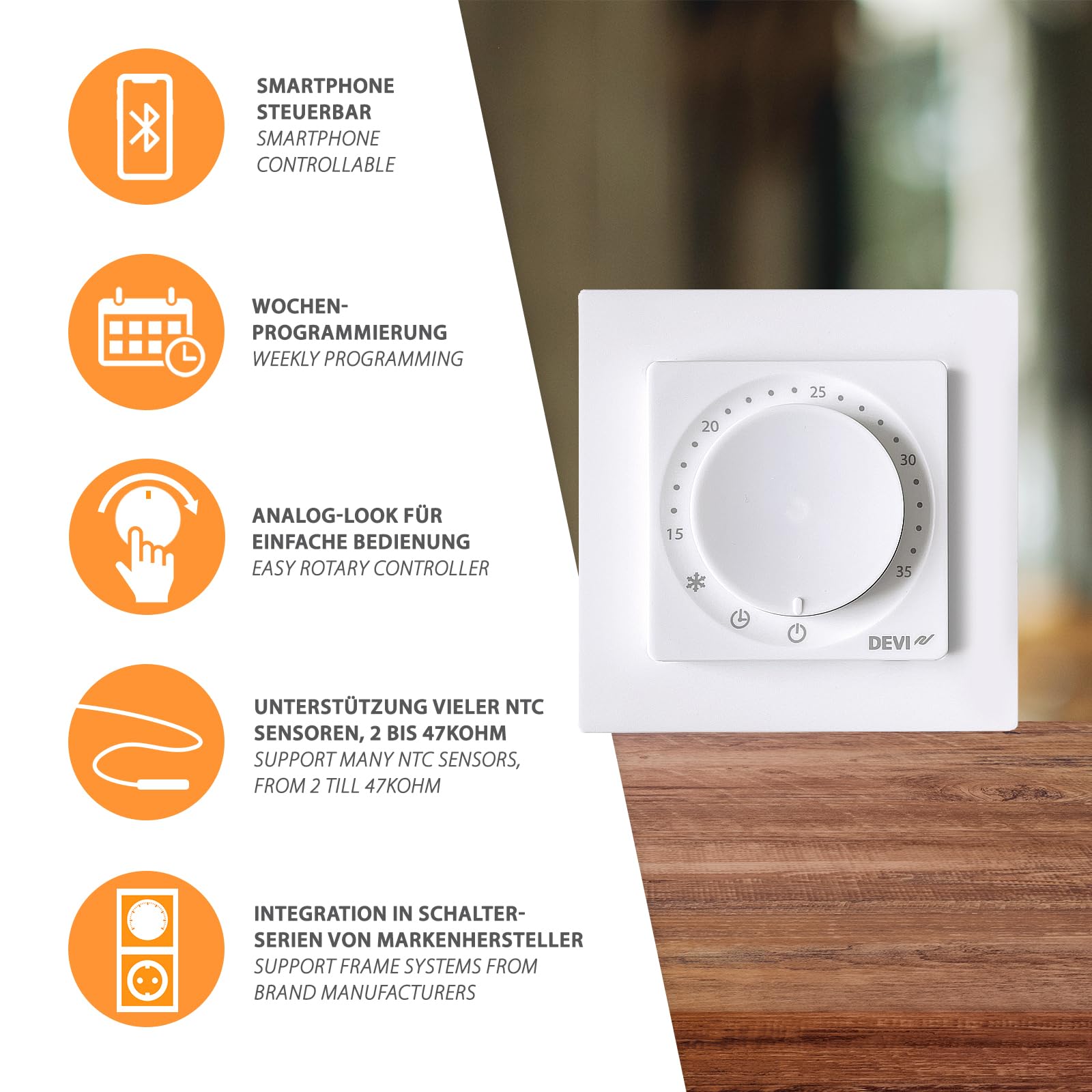 DEVIreg Room 140F1161 Bluetooth Thermostat Raumregler mit EXT. 15kOhm Sensor für elektrische Fußbodenheizung Adaptive PWM Steuerung mehrsprachige kostenlose App