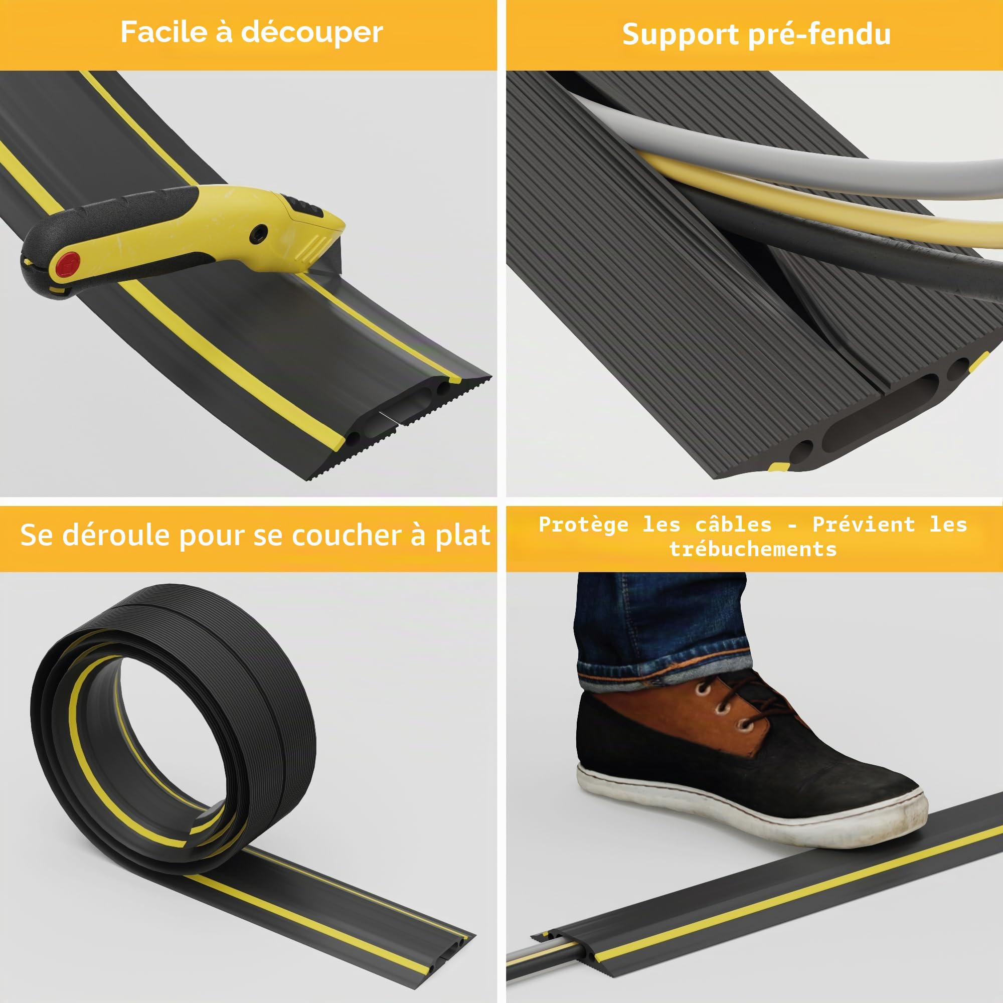 D-Line Protège Câbles de Sol 1,8 m – Raccordable, Couvre Les Câbles au Sol, Prévenir Les Chutes, Base Antidérapante Rainurée – Passage de Câbles 30 mm (l) x 10 mm (h) – Longueur 1,8 m – Noir/Jaune