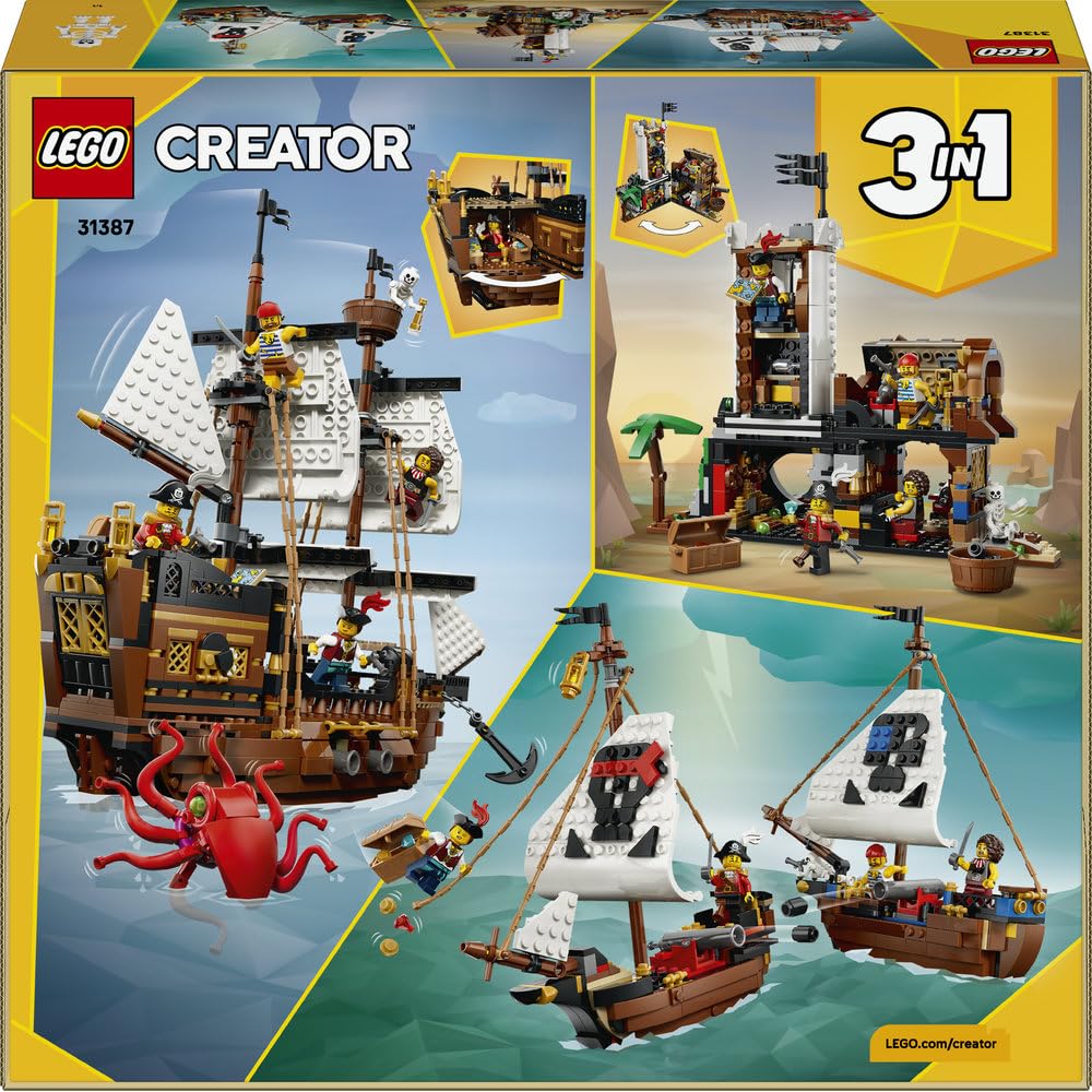 LEGO Creator 3 w 1 Legendarny statek piracki, zabawka konstrukcyjna dla chłopca lub dziewczynki, możliwość przebudowania na zamek lub bliźniacze statki, prezent dla dzieci w wieku od 9 lat 31387