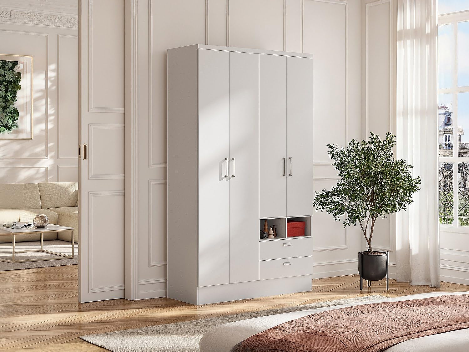 Vente-unique - Armadio 4 Ante e 2 cassetti L.120 cm Bianco - Odilon