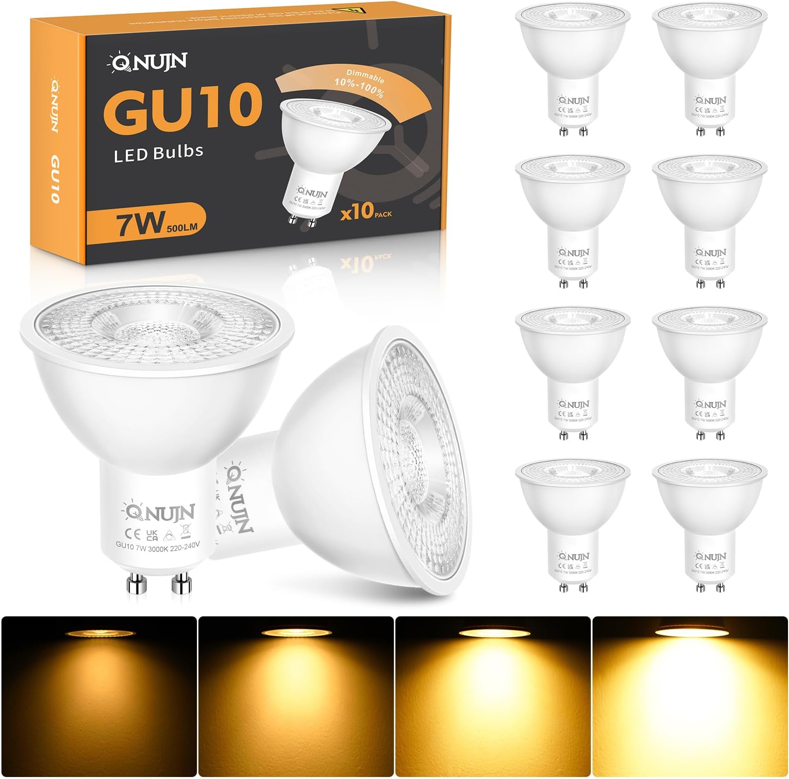 GU10 LED Bulbs Dimmable, Warm White 3000K LED Light Bulbs, 7W 500lm Energy Saving GU10 Bulbs, 50W Halogen Spotlight Equivalent, 38° Beam Angle, for Home Lighting Decor -10 Packs (SL-1705G)