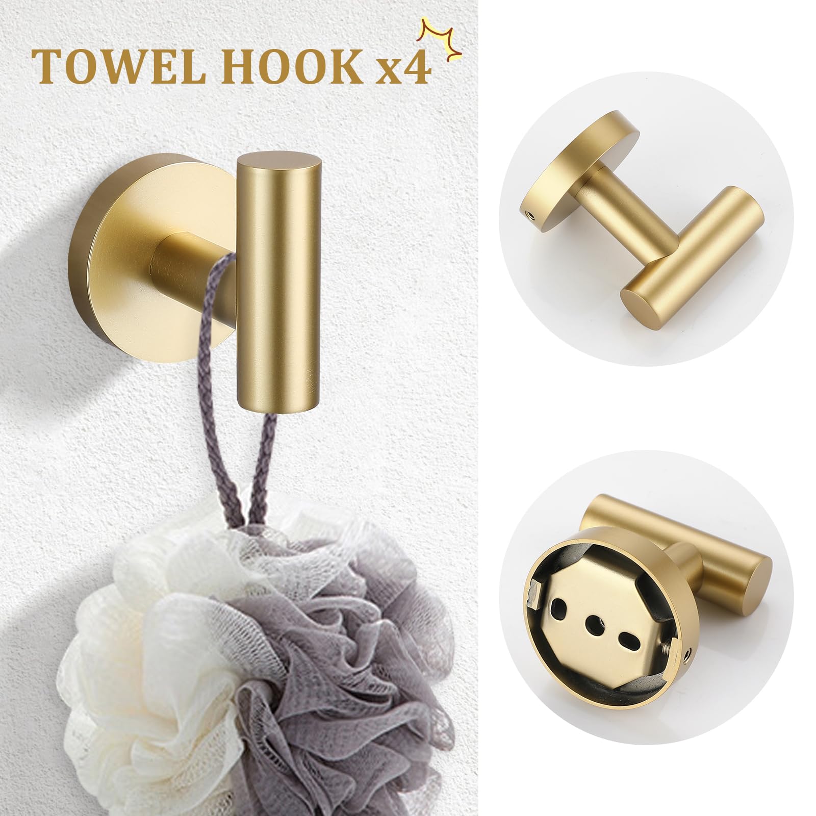 Durafe Set di barre per asciugamani da bagno in acciaio inox SUS304, set di accessori per il bagno, 61 cm, 5 pezzi, colore: oro spazzolato