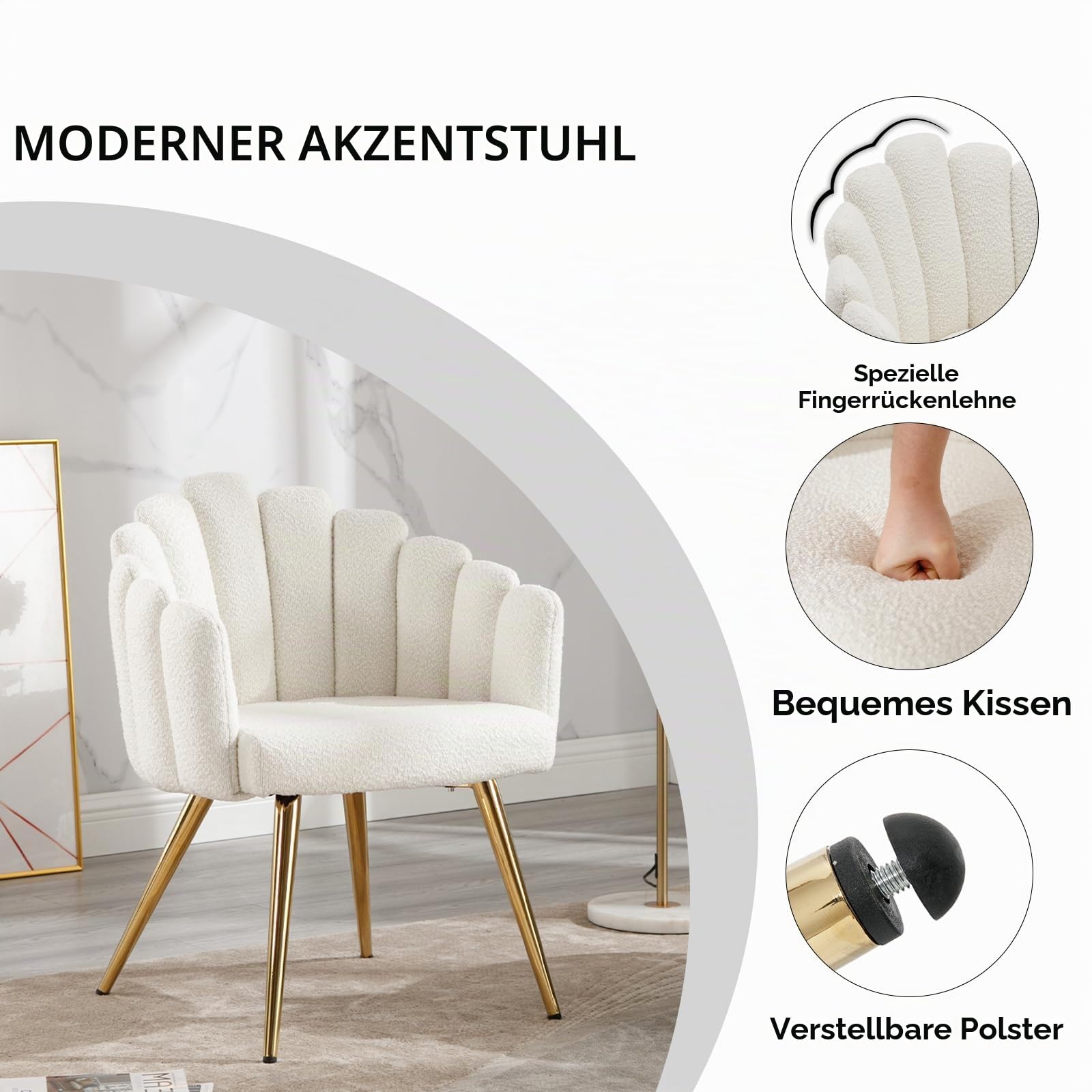 Ya-Home Sessel Kunstfell mit goldenen Metallbeinen gepolsterter Armlehnensessel Polsterstuhl für Wohnzimmer/Schlafzimmer, Weiß