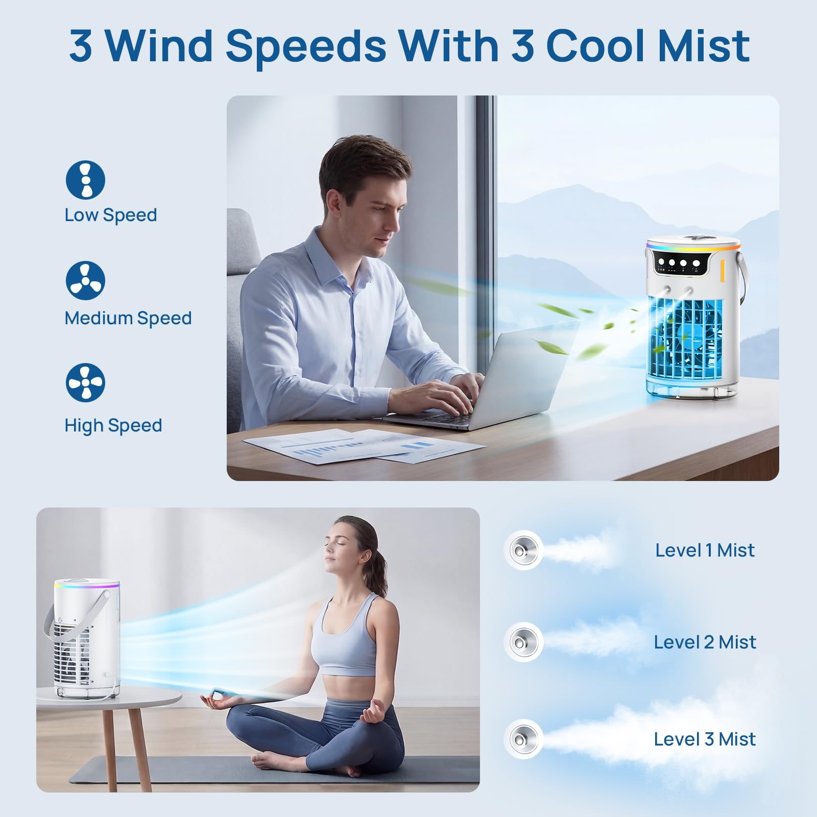 Przenośny klimatyzator, USB 4 w 1, mały klimatyzator z mgiełką chłodzącą lodem, do sypialni, biurka, 1200 ml, mini ewaporacyjne ochładzacze powietrza z timerem 2-8H, 3 prędkości, 7 kolorów, lampka