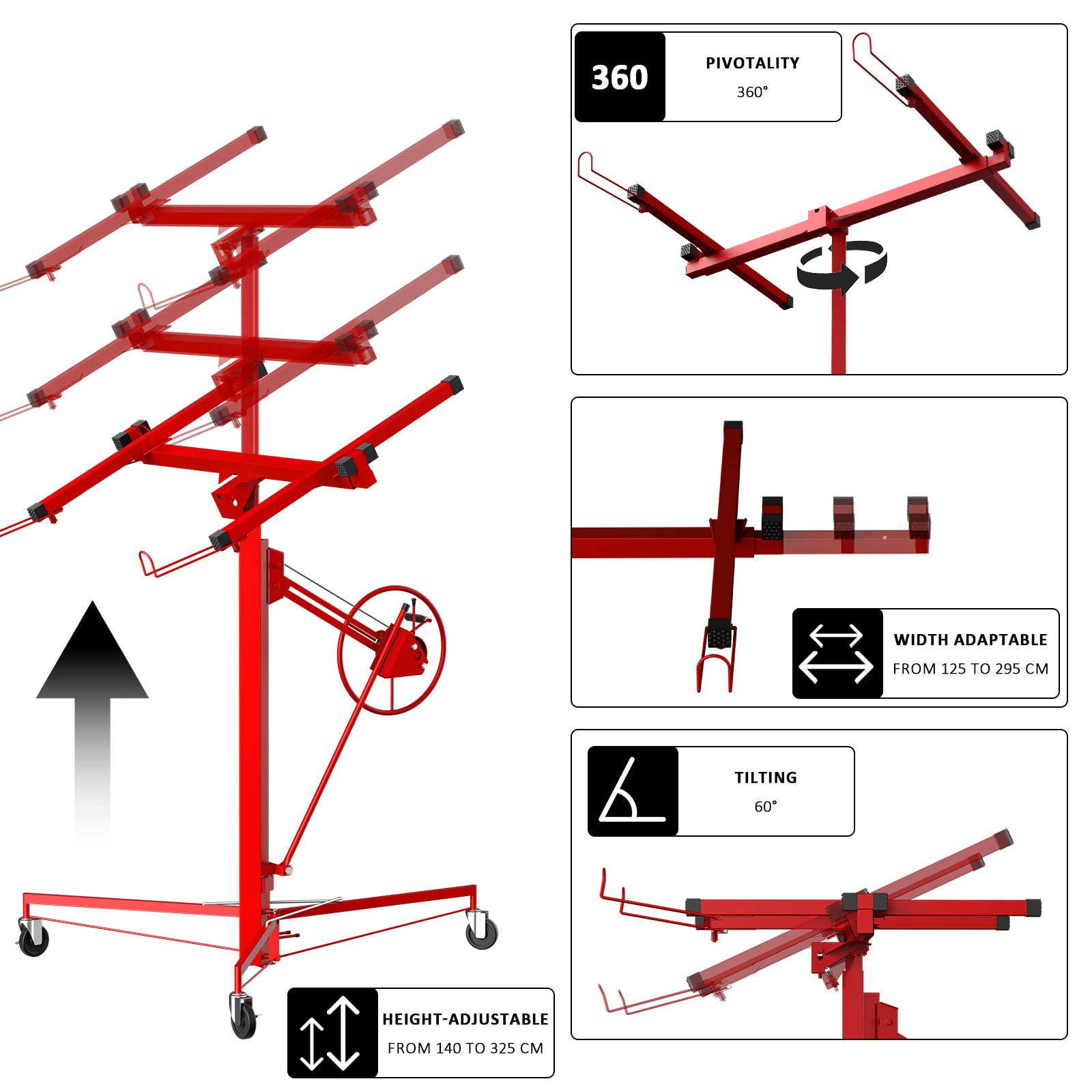 lève-plaques de plâtre XXL TEENO,Plateforme élévatrice inclinable,Aide de montage de panneaux en placoplâtre,capacité de charge max. 68 kg,Hauteur 140-325 cm, 3 Roues avec Freins de Stationnement