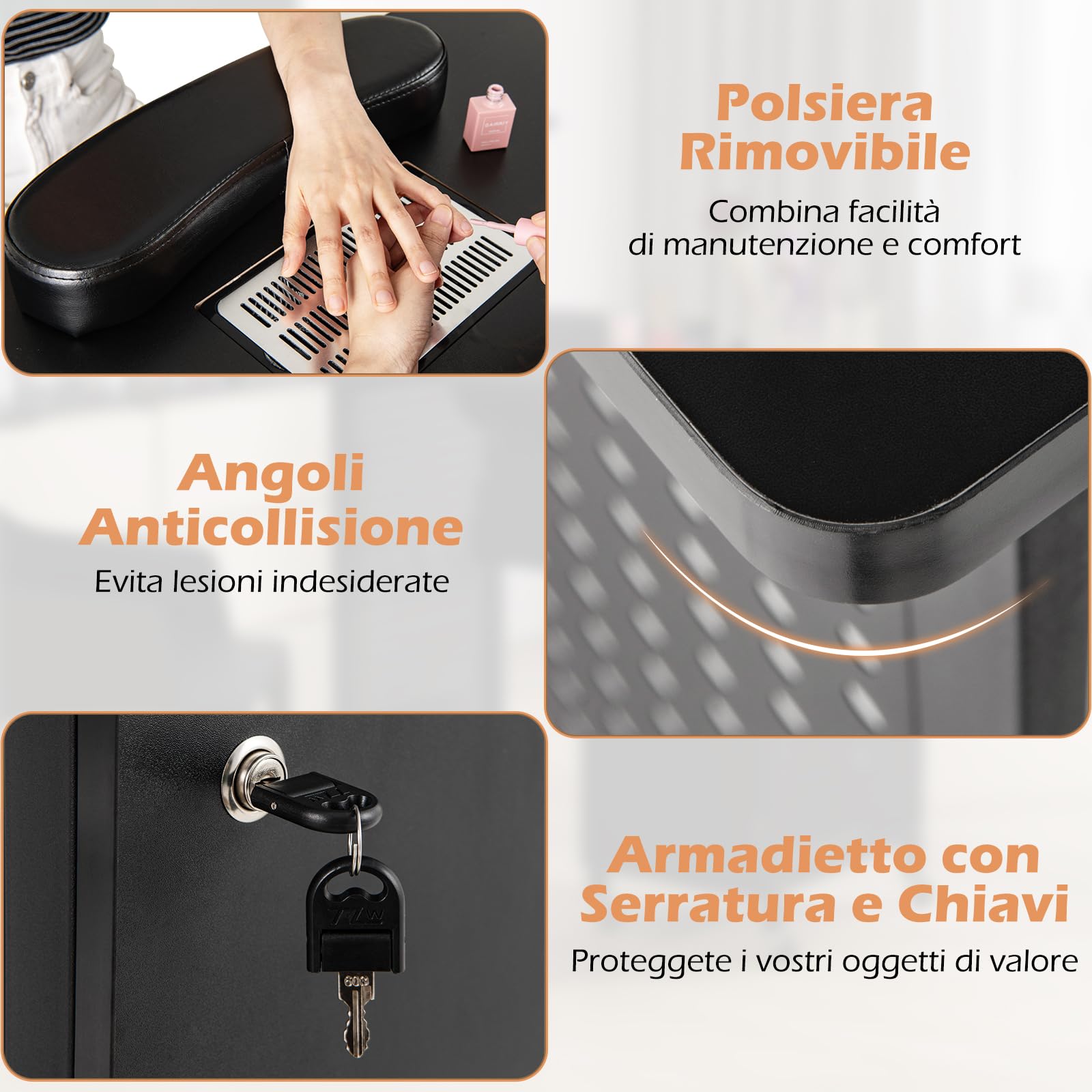 COSTWAY Tavolo Manicure con Aspiratore, Tavolo per Unghie con 6 Ruote Bloccabili, Sacchetti per Polvere, Armadio Chiudibile con 4 Vassoi, Poggiapolsi, Lampada LED e Cestino Metallico, 90x79x45cm