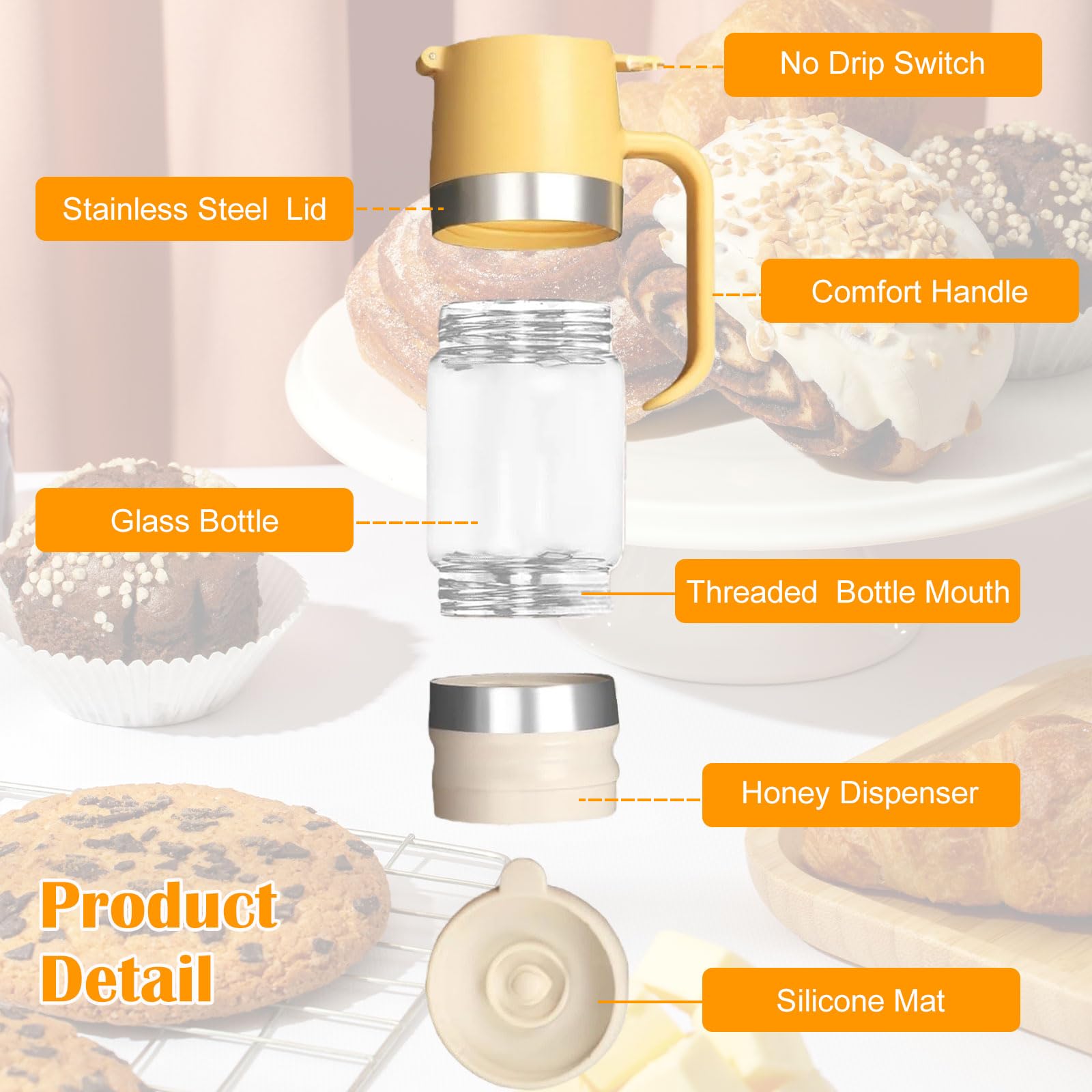 Dosatore Miele In Vetro 315Ml, 10,65Oz Dispenser Miele Antigoccia, Barattolo Per Miele In Vetro Borosilicato, Con Coperchio Superiore e Inferiore Rimovibile, Lavabile In Lavastoviglie (Giallo)