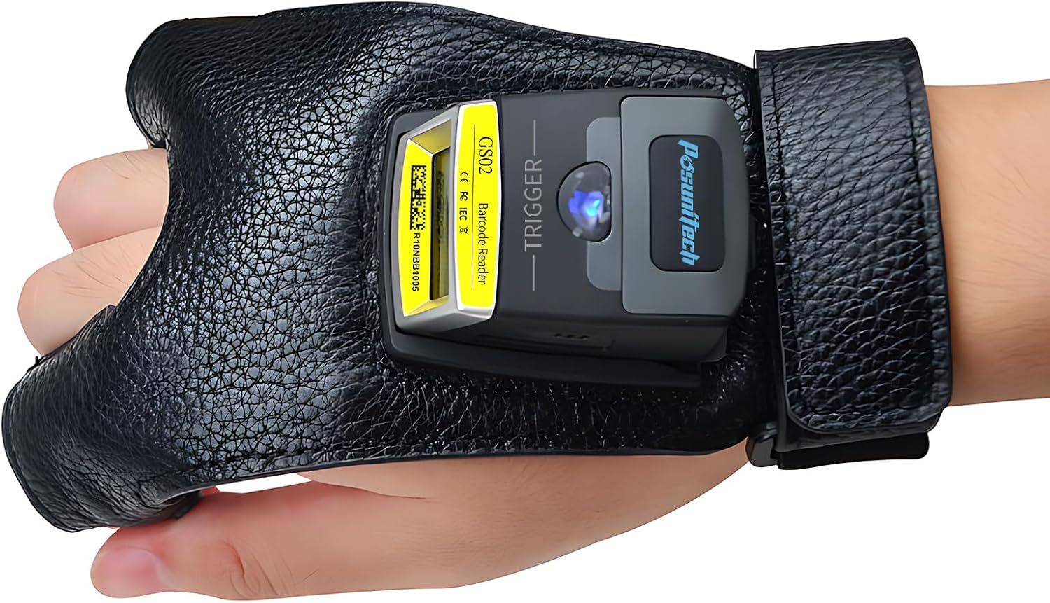 Posunitech GS02 wearable barcode scanner on a hand.