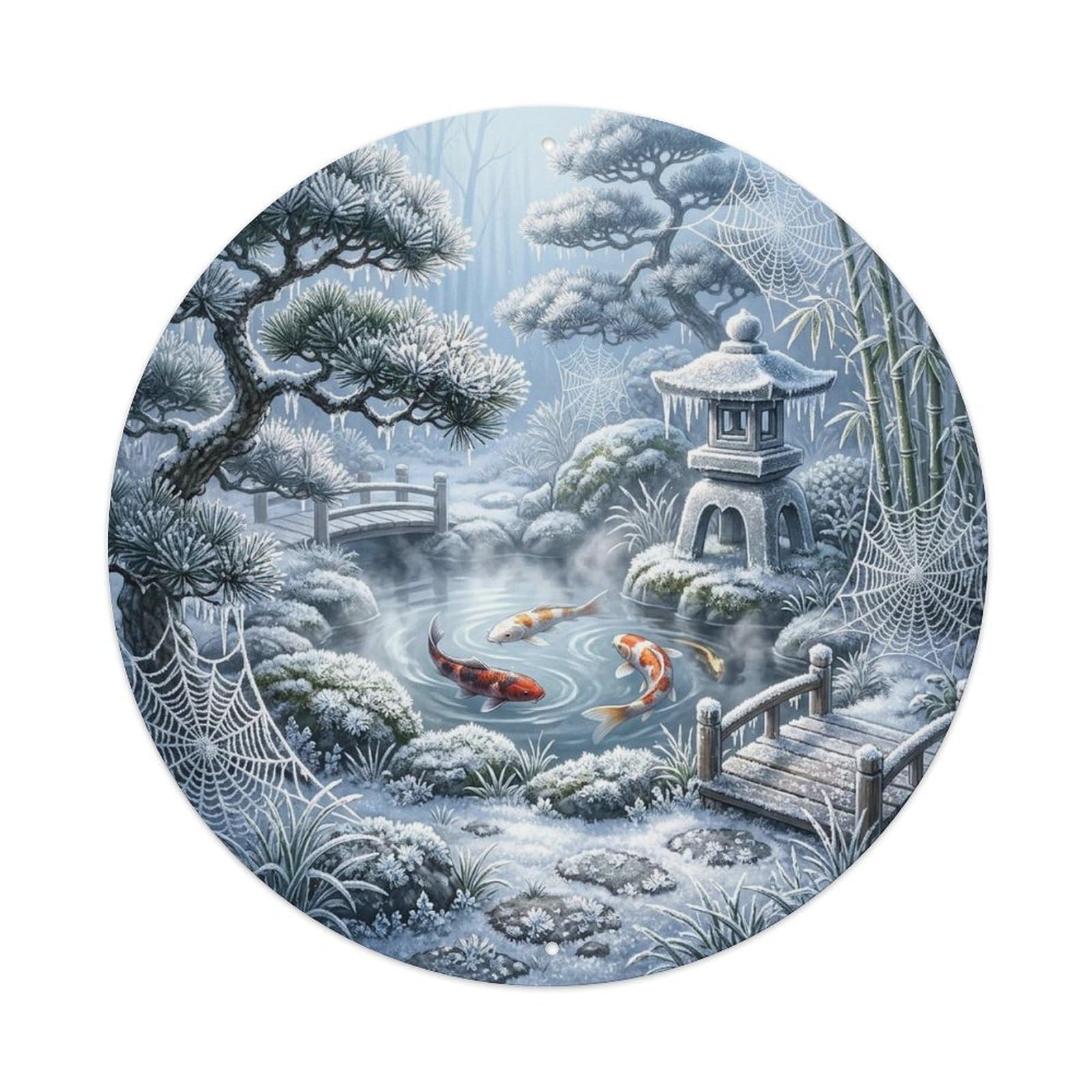 Olyhtr 8X8inch Classic Style Winter Koi Pond Vintage Frost Crystal Landscape Metal Tin Sign