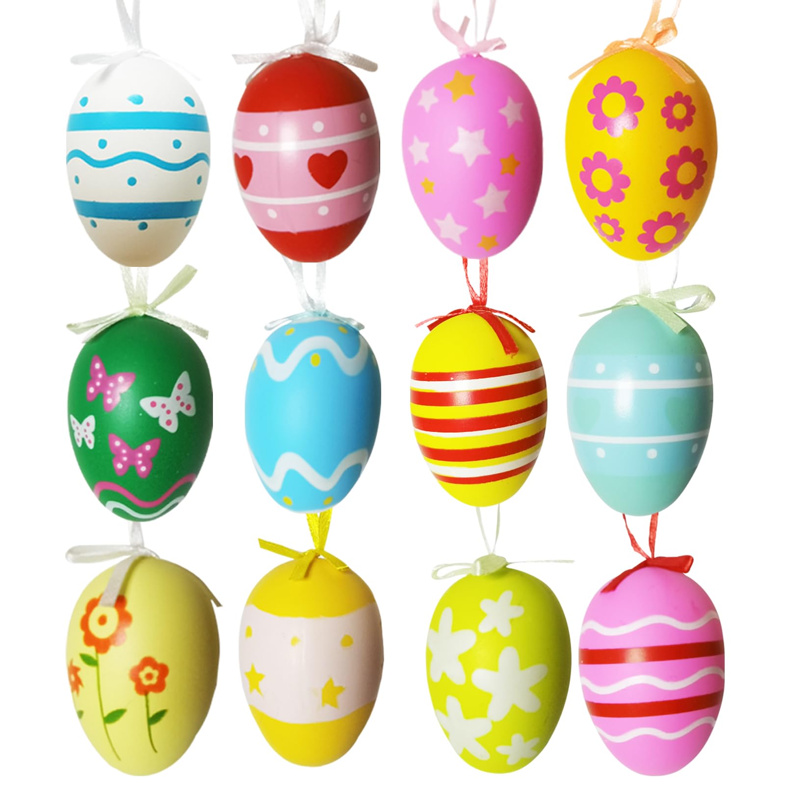 12 Pcs Colorful Easter Eggs Decorations, Plastic Hanging Ornaments with Ribbon, Realistic Painted Eggs for Easter Tree Decoration