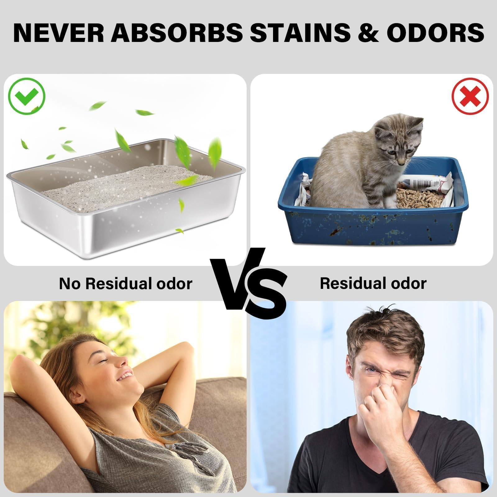 Stainless Steel Litter Box, Large Metal Cat Litter Box for Small to Medium Cats, High Sides, 18"x14"x6"，Non Stick, No Smell, Easy to Clean - image 4