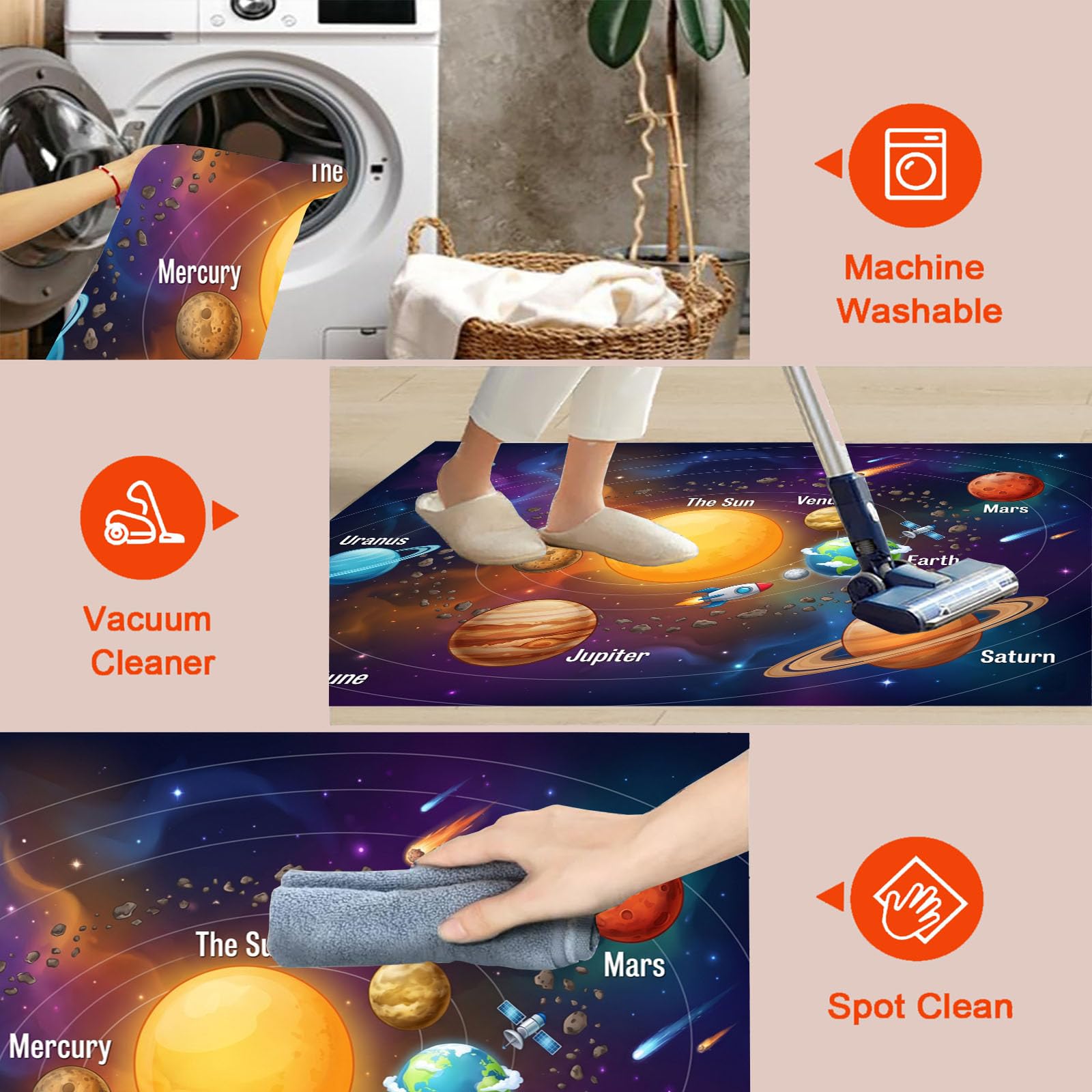 Lavable Tapis Rond Soleil Étoiles Météorites - Violet 100cm Rond - Planètes Spatiales De Dessin Animé Médaillon Tapis De Décoration pour Chambre, Couloir, Salle à Manger