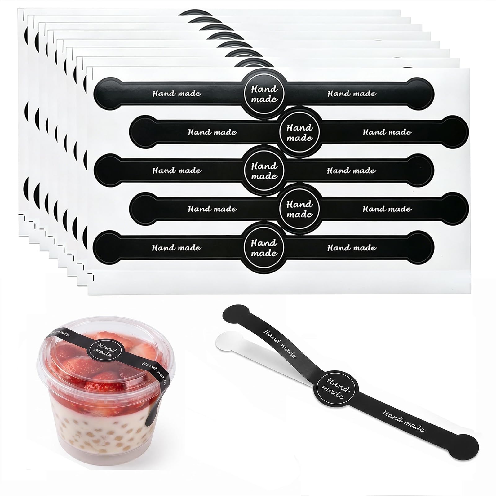 100 Pcs 20 Sheets Handmade Food Baking Seal Sticker Black Long Strip Self-Adhesive Decorative Labels Pastry Seal Stickers for Baking Food Packaging Tamper Evident Sealing Stickers for Cake Boxes Jar