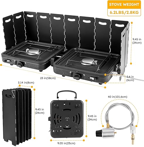 Miniatura 9 de Estufa de campamento de propano de 2 quemadores, quemadores ajustables de 17200 BTU, estufa de campamento de propano plegable con parrilla y