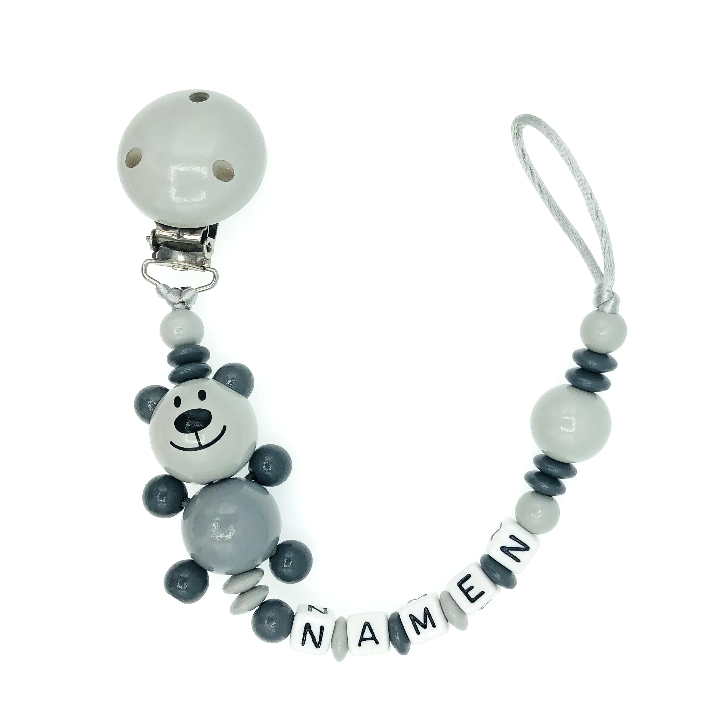 Set Nuckelkette + Kinderwagenkette mit Namen " 3D - BÄR/TEDDYBÄR " Hellgrau Grau/Baby/Unisex/Personalisiert/HANDMADE