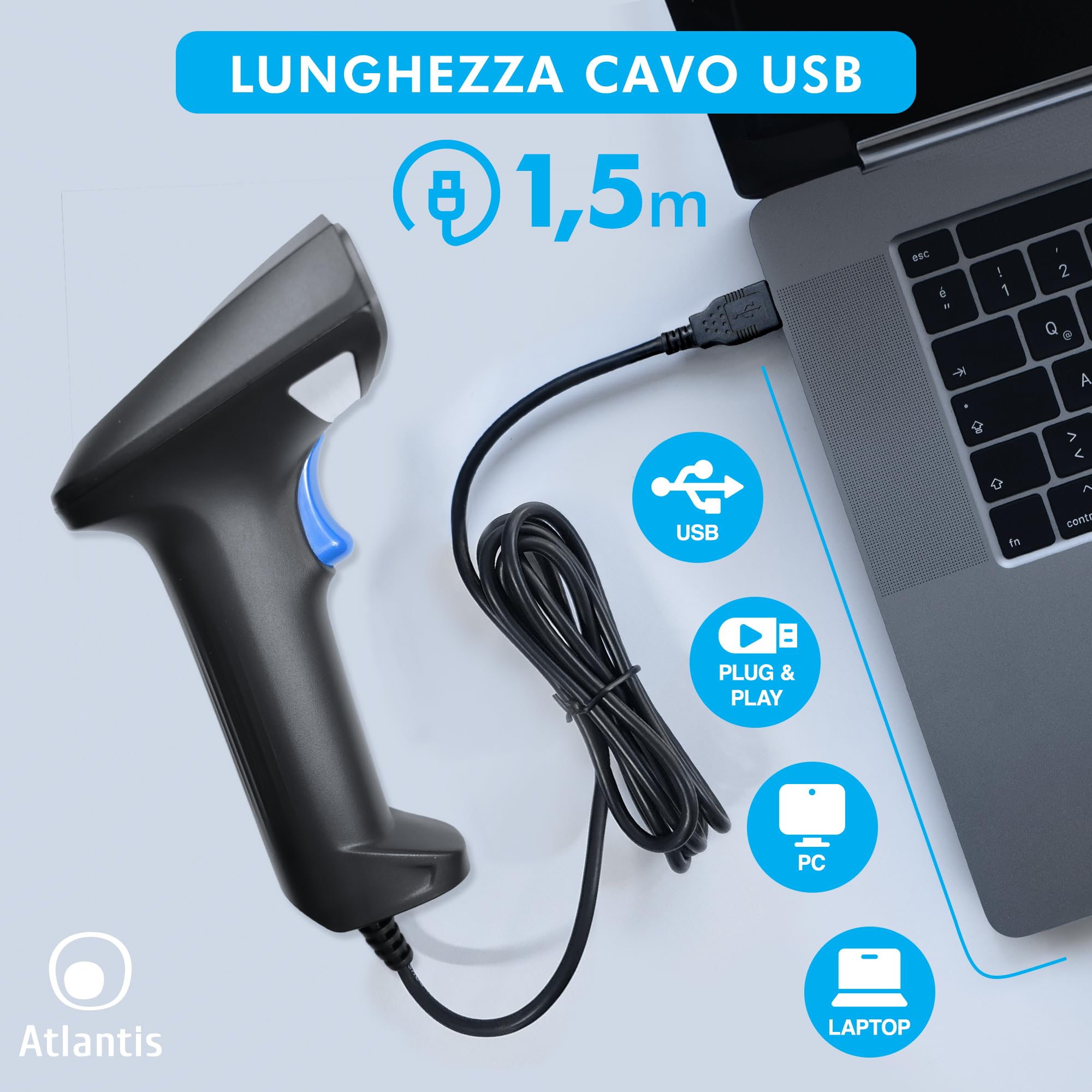 Atlantis A08-LD190-2D Lettore Codici a Barre Barcode reader scanner 1D e 2D Ottico (640x480), 60fps, legge da smartphone e display, codice farmaceutico, collegamento USB, guida rapida.