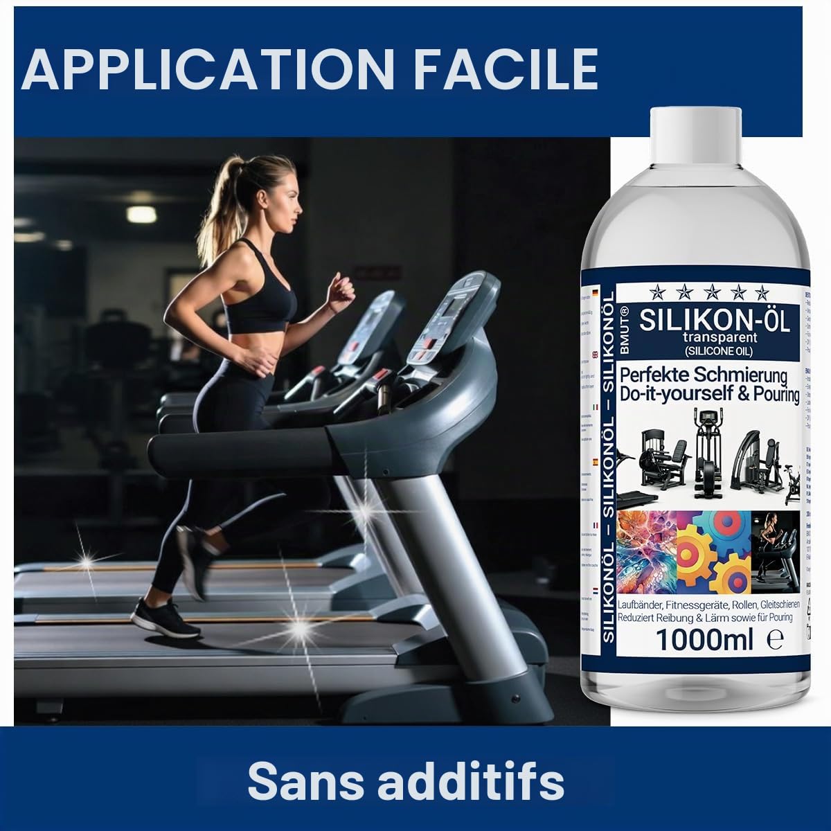 Huile de silicone 1000 ml - Pure 100 % - Pour tapis de course - Lubrifiant pour tapis de course, vélo elliptique, vélo de spinning et équipements de fitness - Huile lubrifiante 200cst avec pipette de