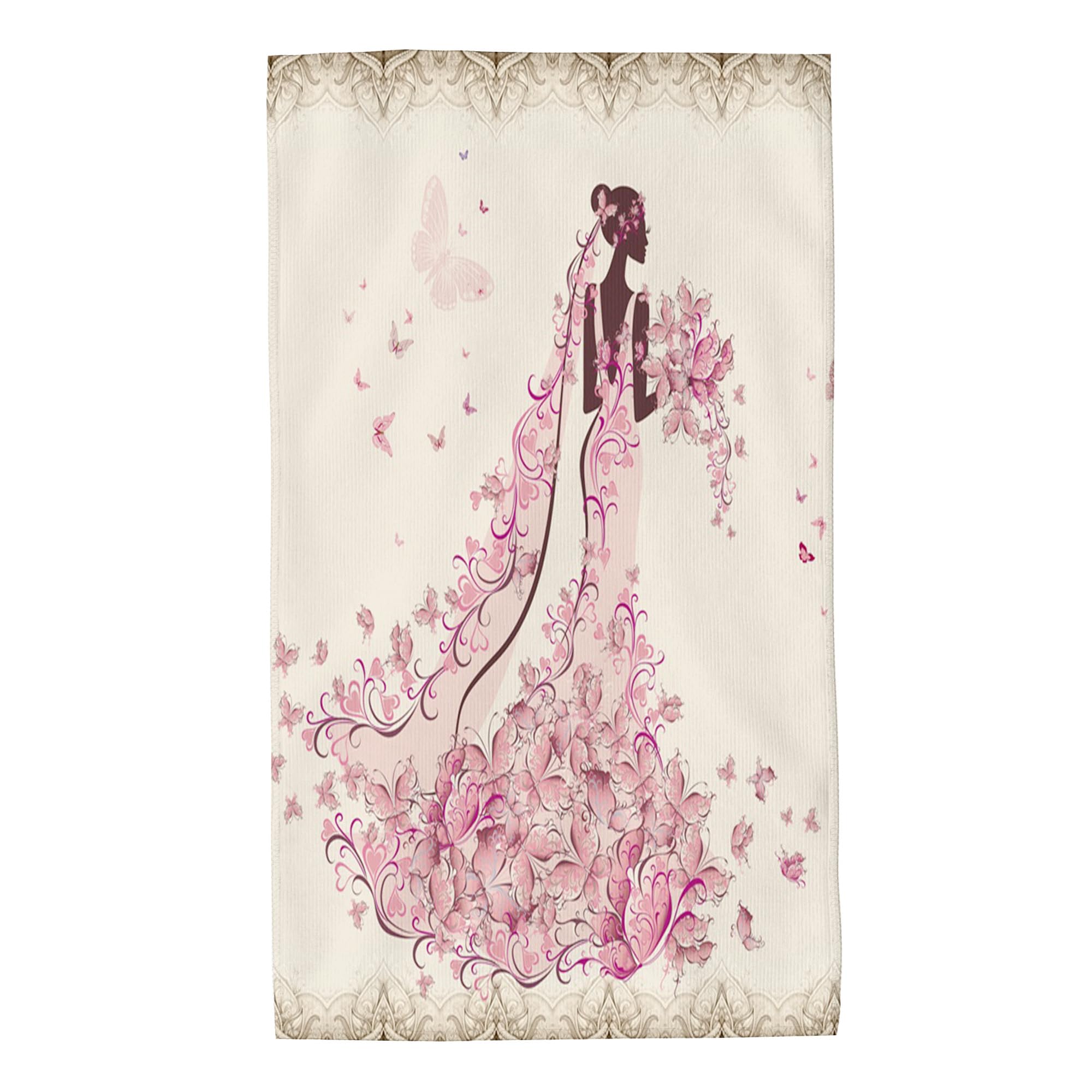 Oudrspo Pink 14 Flower Hand Bath Towel,Bride in Floral Dress with Butterfly,Fingertip Towel Kitchen Bathroom Shower Towel Set Highly Absorbent Beach SPA Gym Guest Towels,Pink - 16 x 27.5in