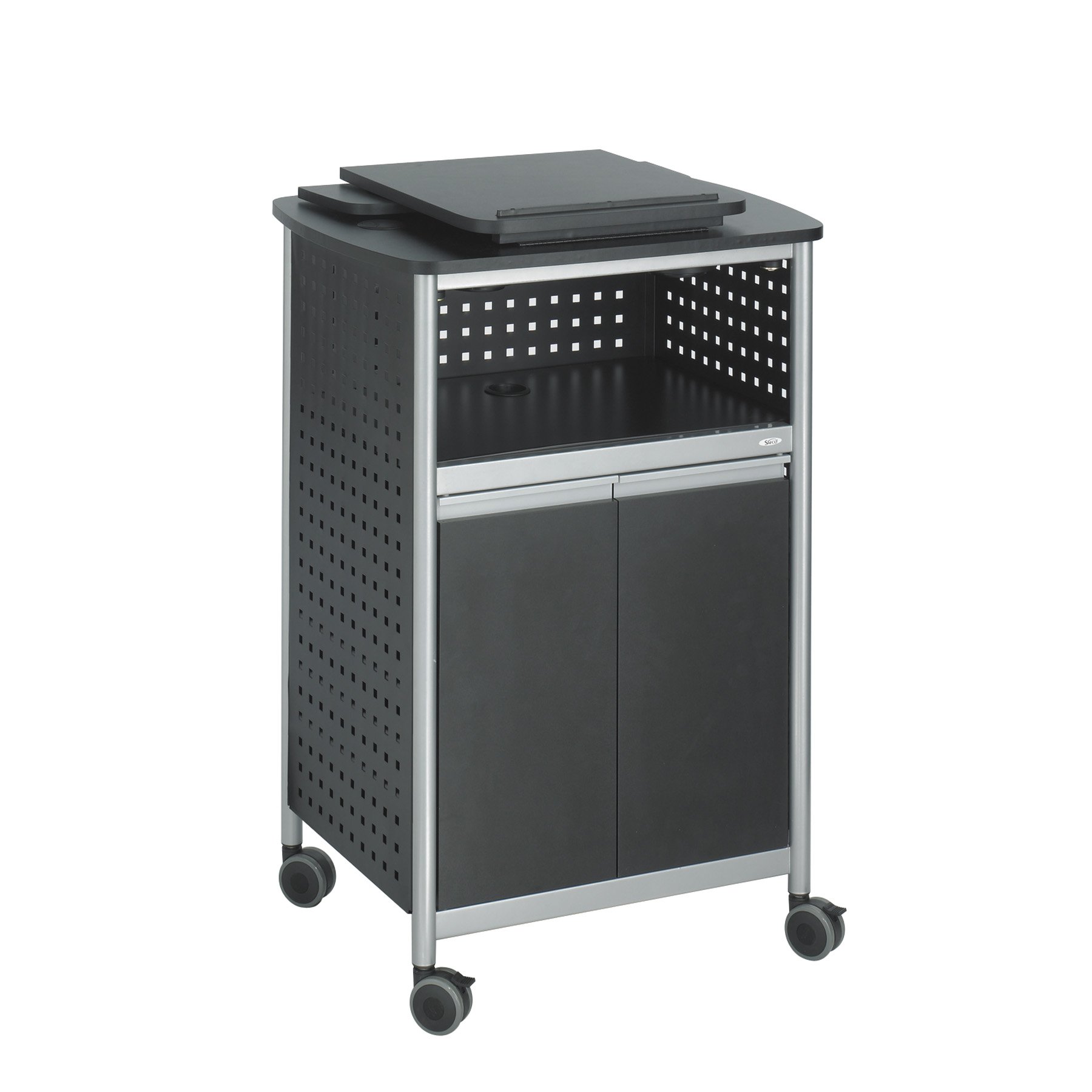 Safco Products 8922BL Scoot Multi-Purpose Lectern with Adjustable Shelving | Wire Storage | Mobile on 4 Casters | Durable Steel Construction | Black