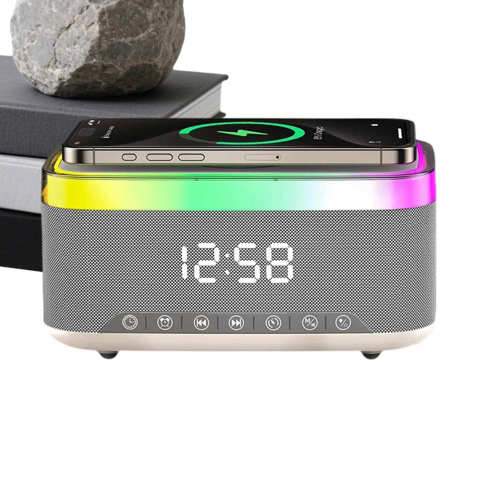 Sveglia con Ricarica Wireless Lampada con Altoparlante Digitale | Sveglia con Ricarica Wireless e Rumore Bianco Per Uso da Comodino Notturno Interni Casa Sonno Postazione di Lavoro Scrivania