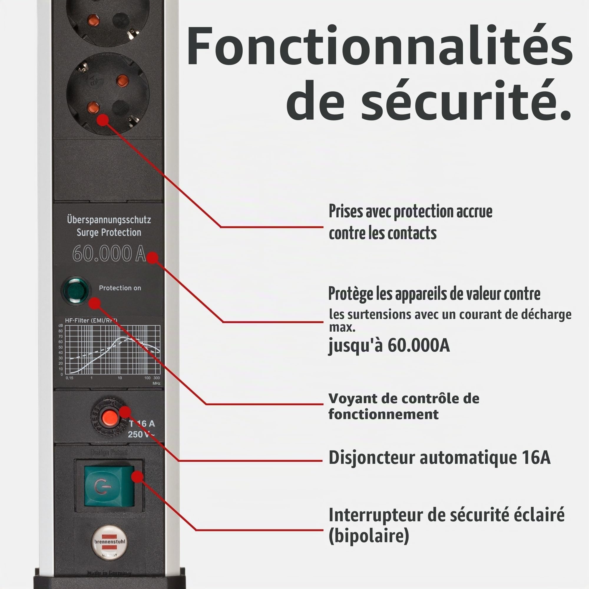 Brennenstuhl Premium-Protect-Line Multiprise 6 Prises avec parasurtenseur 60 000 A (multiprise avec Interrupteur et câble de 5 m, fabriquée en Allemagne) Argenté/Noir