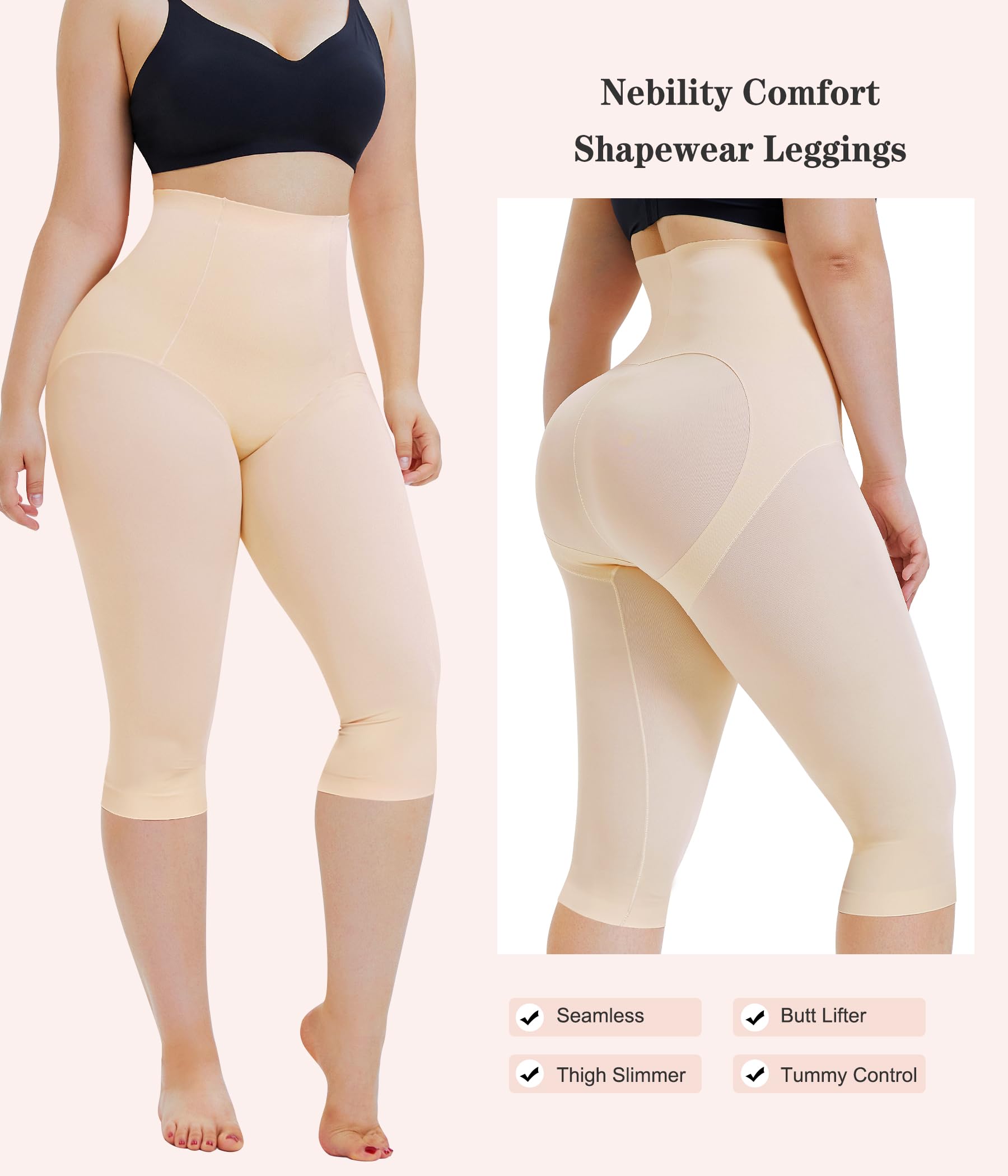 Nebility Compression Leggings for Women Seamless Shapewear Butt Lifting Capri Waist Trainer Tummy Control Thigh Body Shaper(M, Biege)