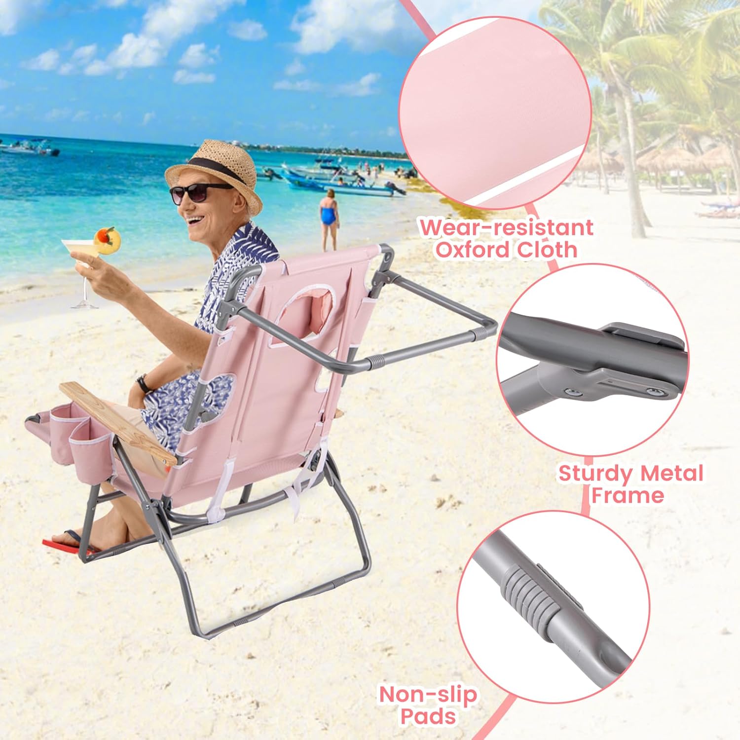 GYMAX Tanning Chairs, 3 in 1 Backpack Beach Lounger with Face/Arm Holes, Armrests, Cup Holders, 330 lbs Folding Portable Lounge Chairs for Outside, Patio, Poolside, Lawn (1,Carnation)