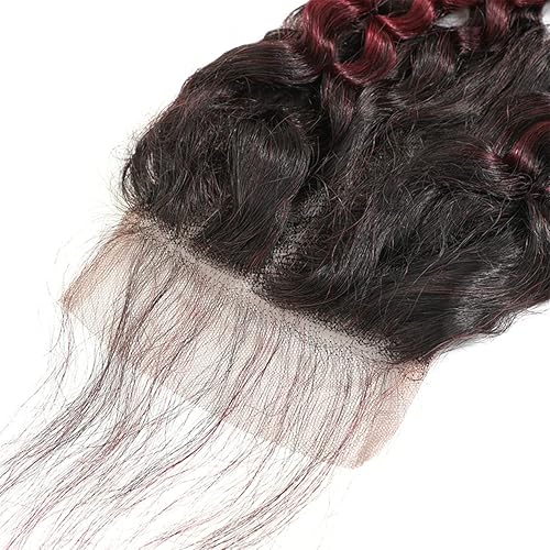 Miniatura 5 de Cabello brasileño degradado 1B 99J de onda profunda 4x4, cierre de encaje, cabello virgen humano 100% sin procesar, color burdeos, rizado profundo,