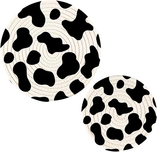 Vnurnrn Black White Cow Animal Skin Print Pot Holders Trivets Set 2 Pcs Round Cotton Hot Pads for Kitchens Coasters Placemats for Cooking Baking Hot