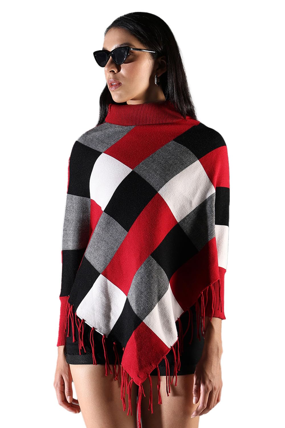 SHOWOFF Women's Checked Red Longline Poncho -CHN-2035_Red-image-46