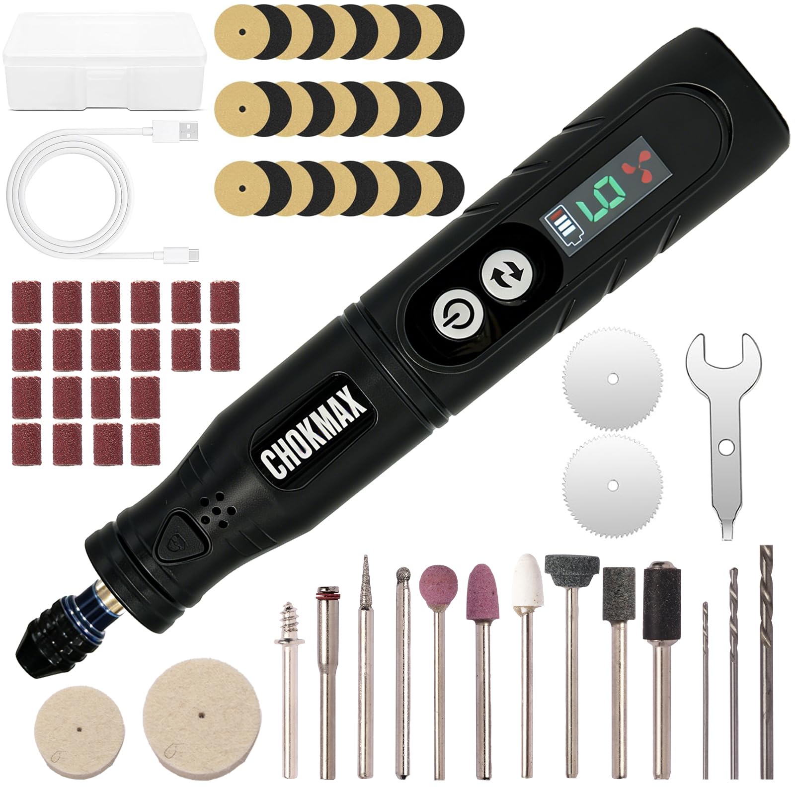 Utensile rotante senza fili, kit smerigliatrice con display a 6 velocità, pinza universale e luce LED frontale, 68 accessori Utensile artistico per incisione, levigatura, lucidatura, foratura