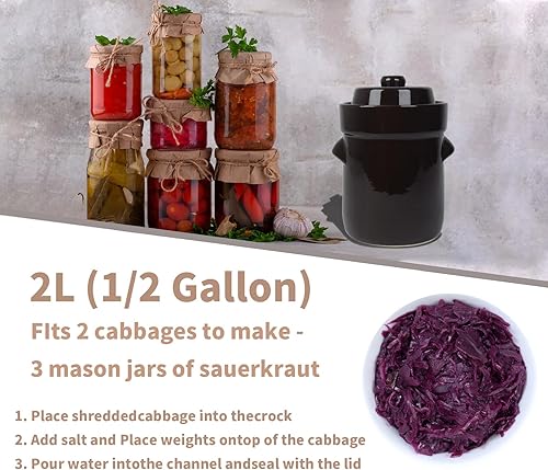 Miniatura 6 de Tarro de fermentación Crock Jar de 2 litros0.5 galones de cerámica para fermentación, decapado de kimchi, encurtidos, verduras, kombucha,