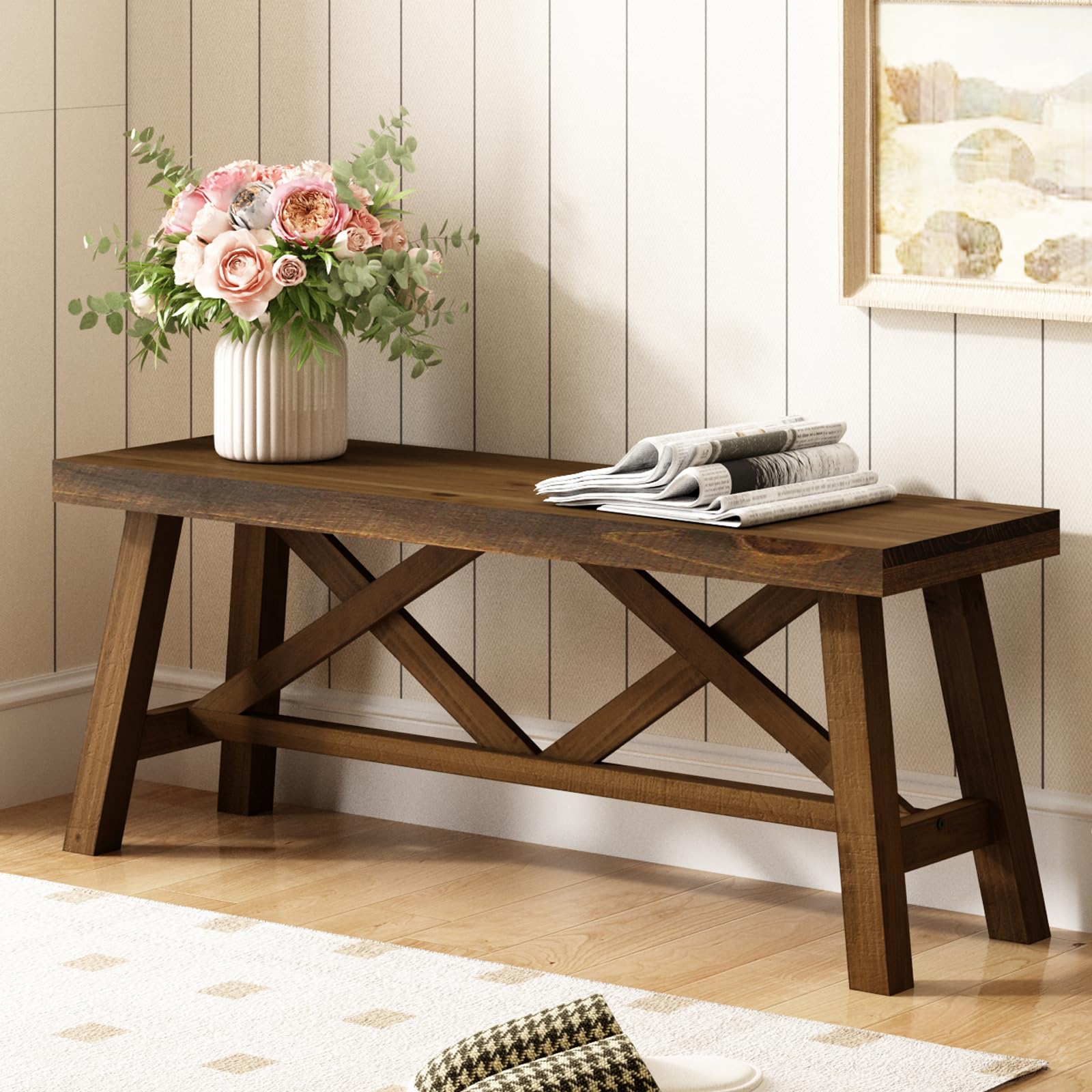 Wnutrees 43" Farmhouse Solid Wood Bench, Rustic Entryway Bench, Natural | Double X-Structure Dining Seat for End of Bed, Living Room, Hallway, Structural Stability, Rustic Decor